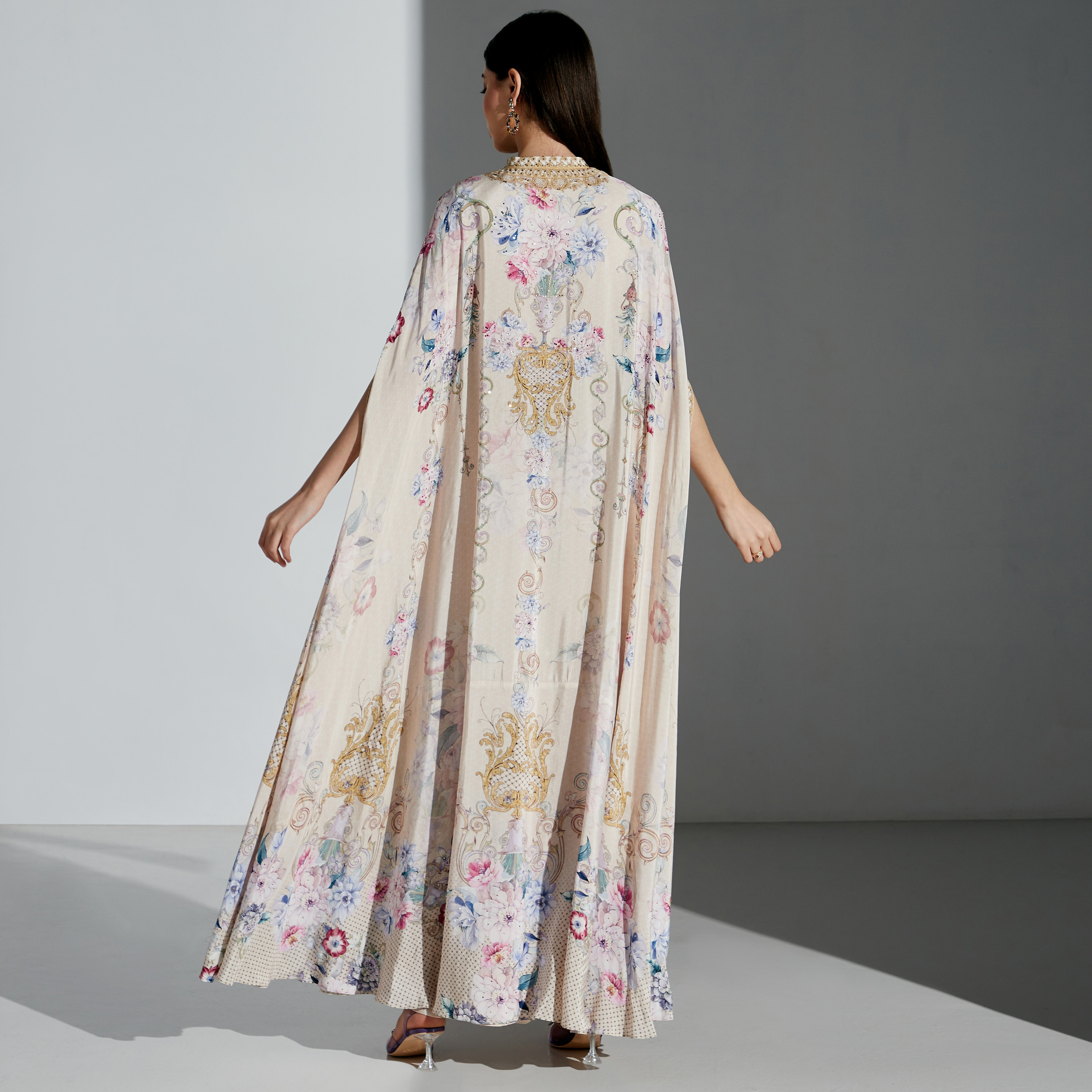 Nirraamyaa 2-Piece Printed Maxi Cape Dress with Emebellished Detail-women-arabicclothing-kaftan-image-5