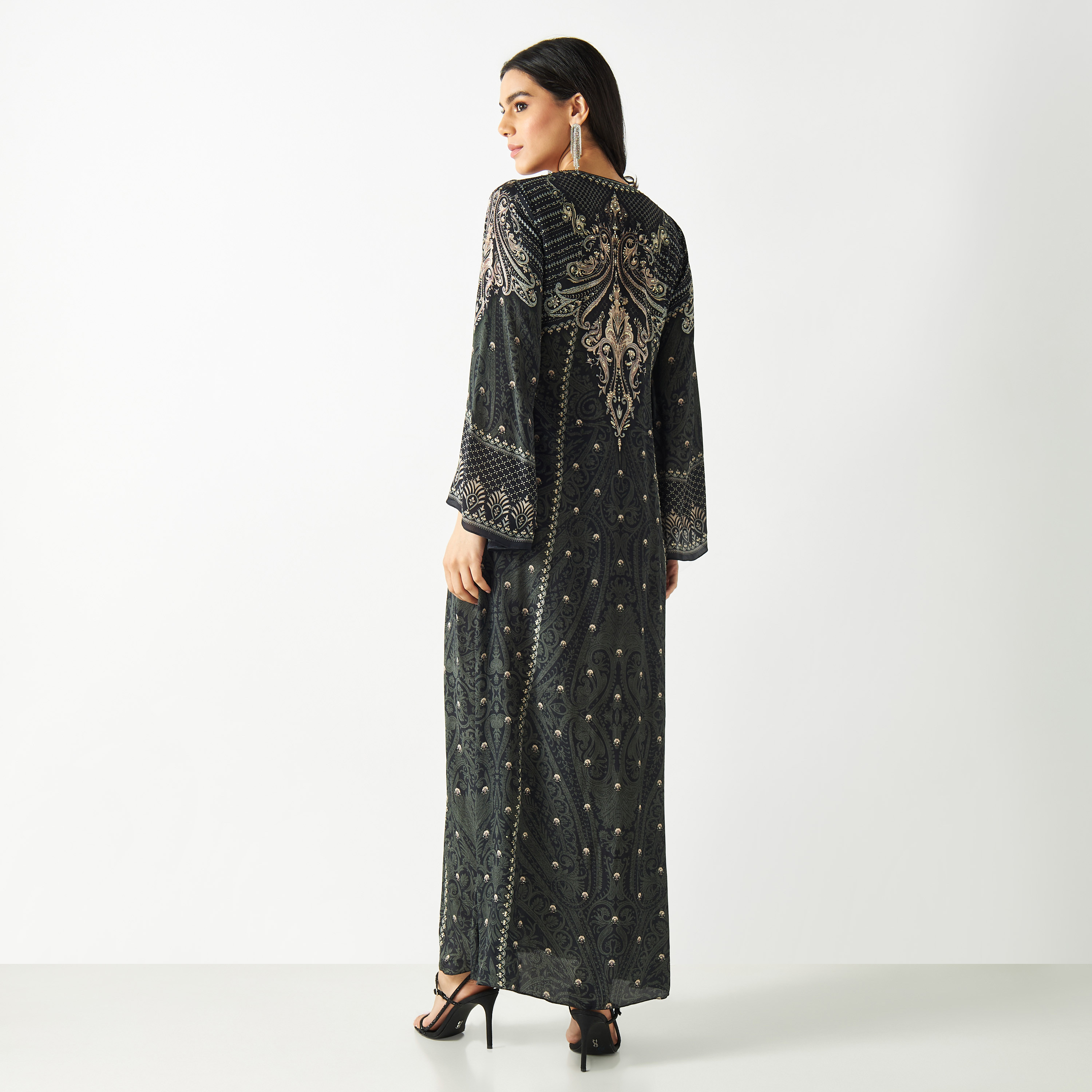 All-Over Print Leaf Neck Maxi Kaftan with Flared Sleeves-women-arabicclothing-kaftan-image-5