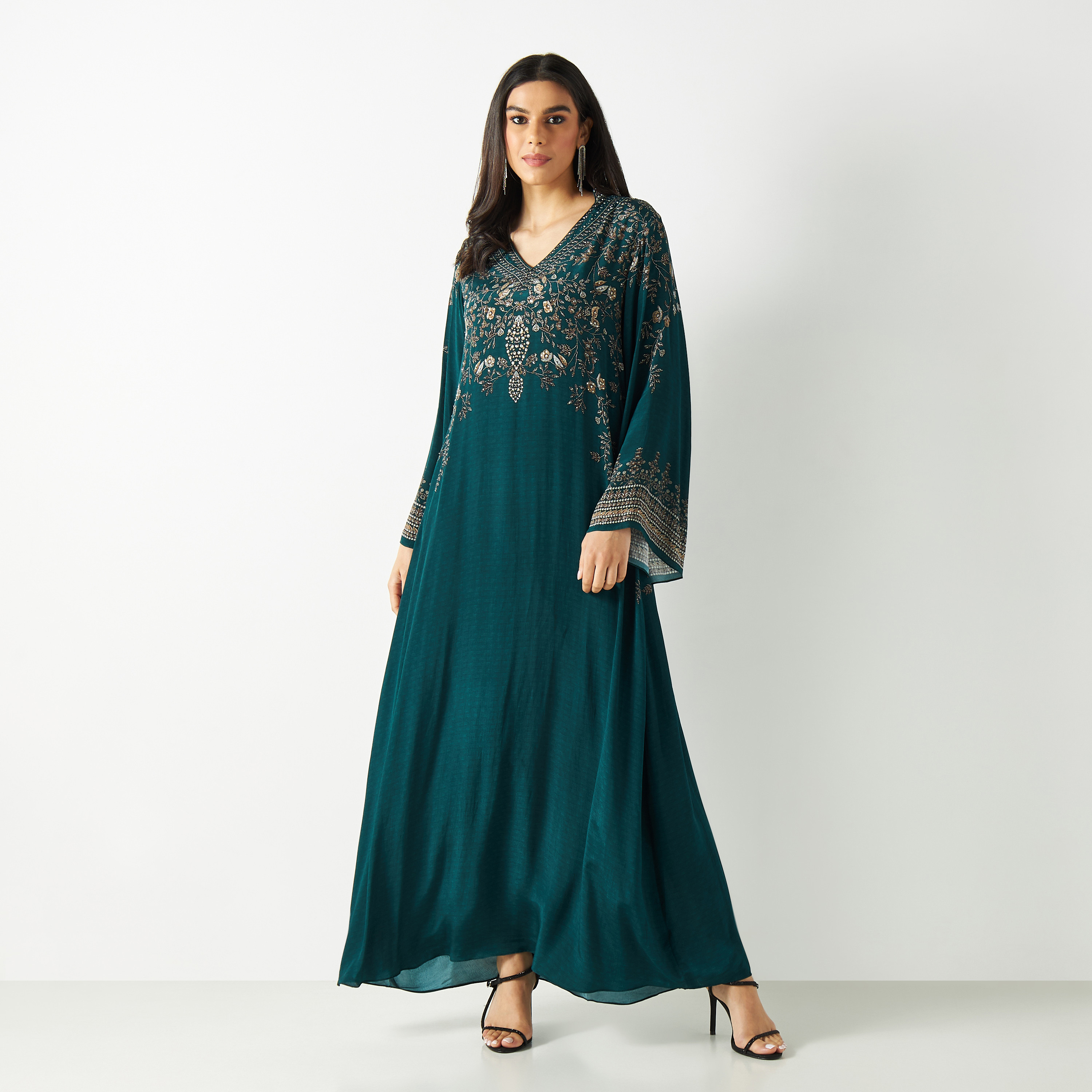قفطان ماكسي بياقة V وأكمام واسعة وطبعات-women-arabicclothing-kaftan-image-1