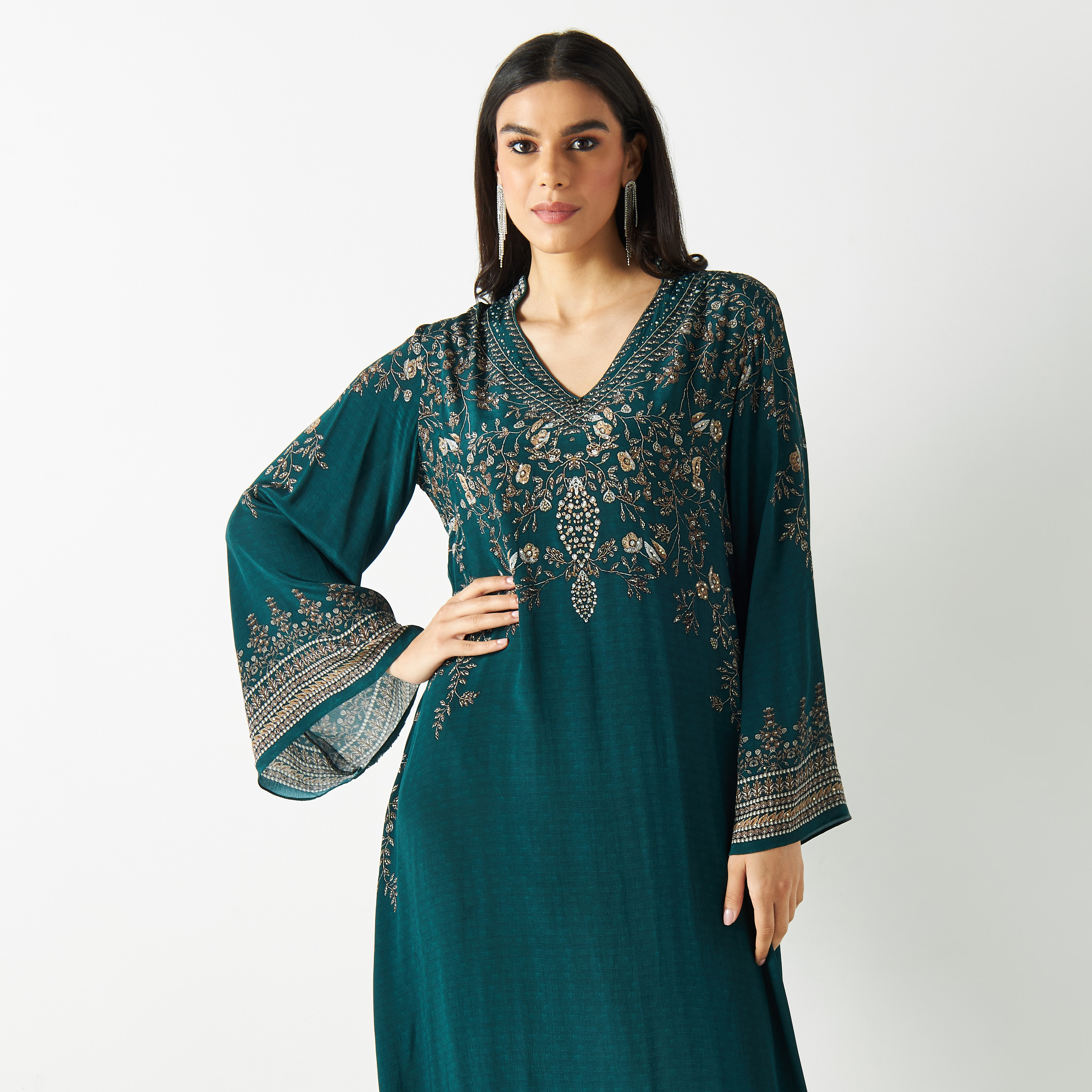 قفطان ماكسي بياقة V وأكمام واسعة وطبعات-women-arabicclothing-kaftan-image-2