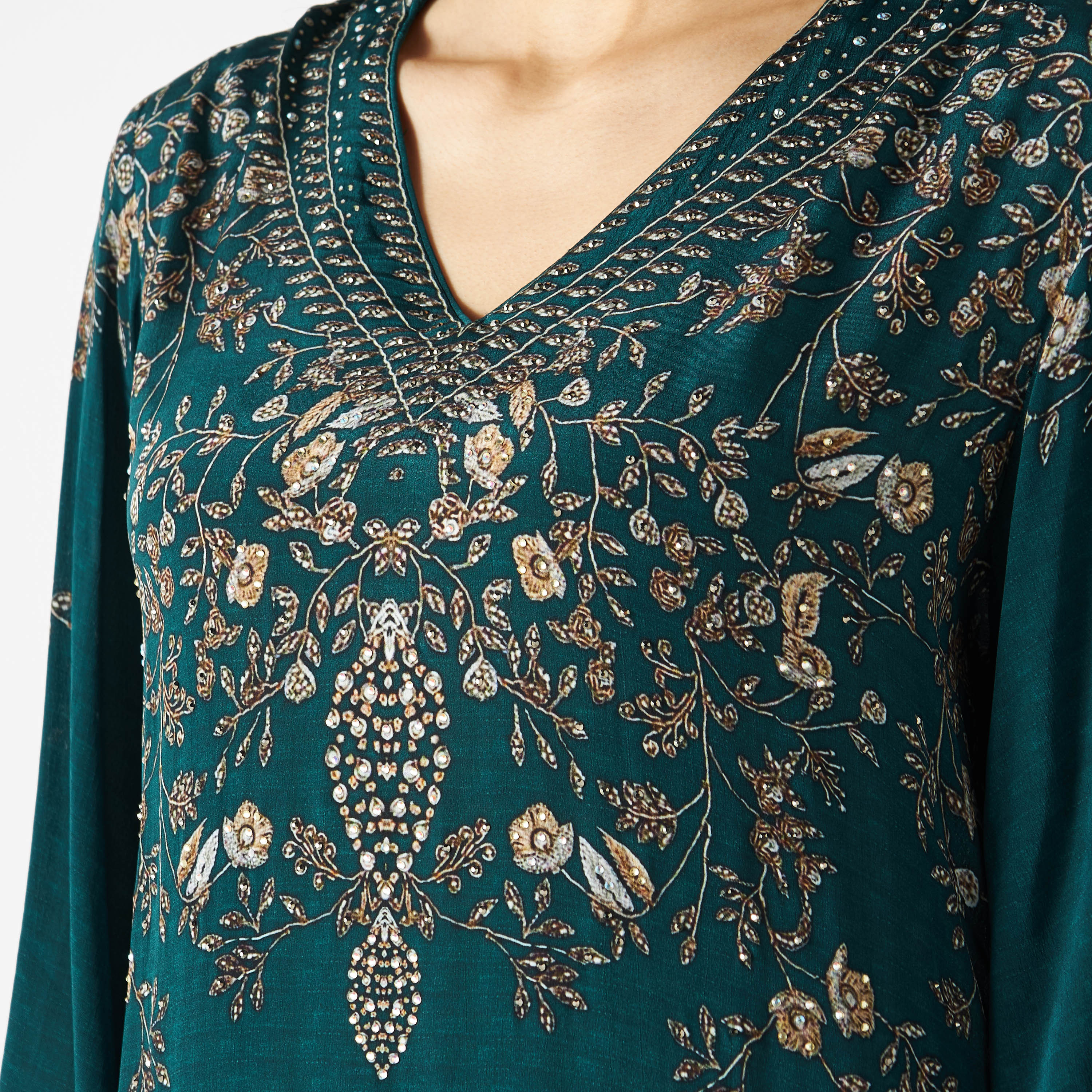 Printed Maxi Kaftan with V-neck and Flared Sleeves-women-arabicclothing-kaftan-image-3