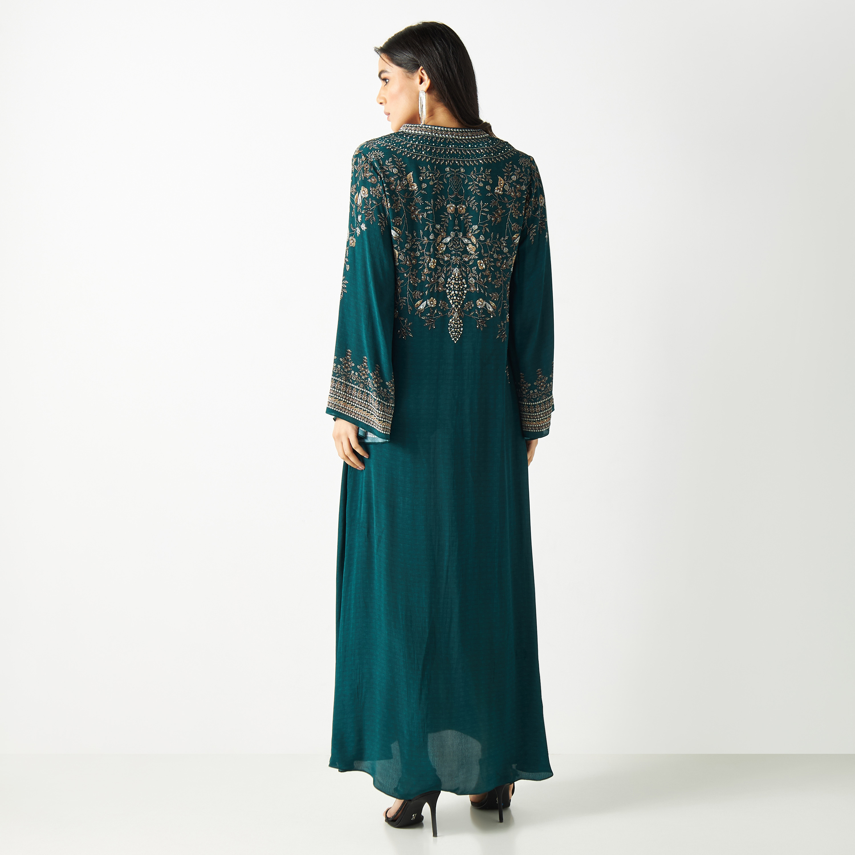 Printed Maxi Kaftan with V-neck and Flared Sleeves-women-arabicclothing-kaftan-image-5