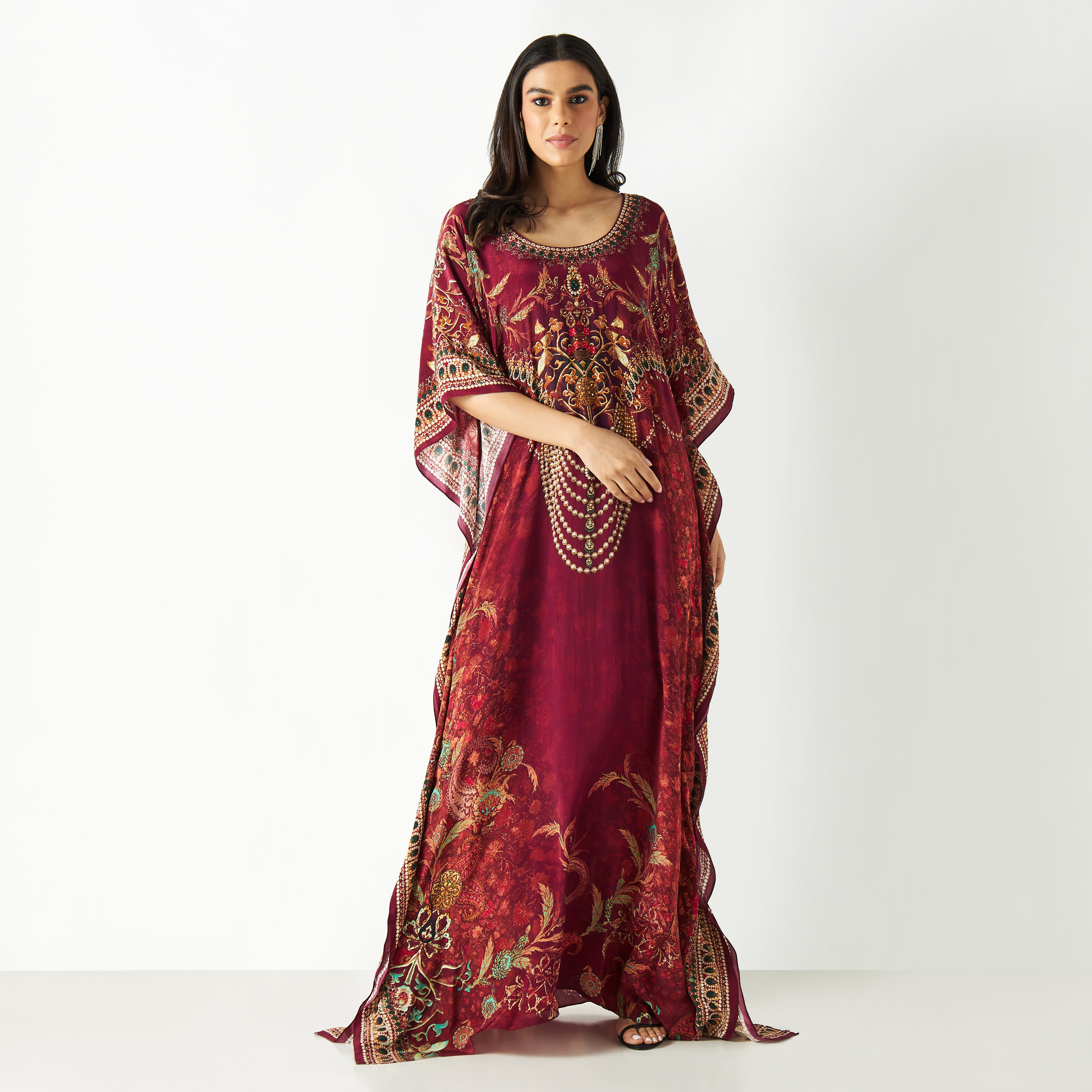 All-Over Print Kaftan Maxi Dress with Round Neck-women-arabicclothing-kaftan-image-1