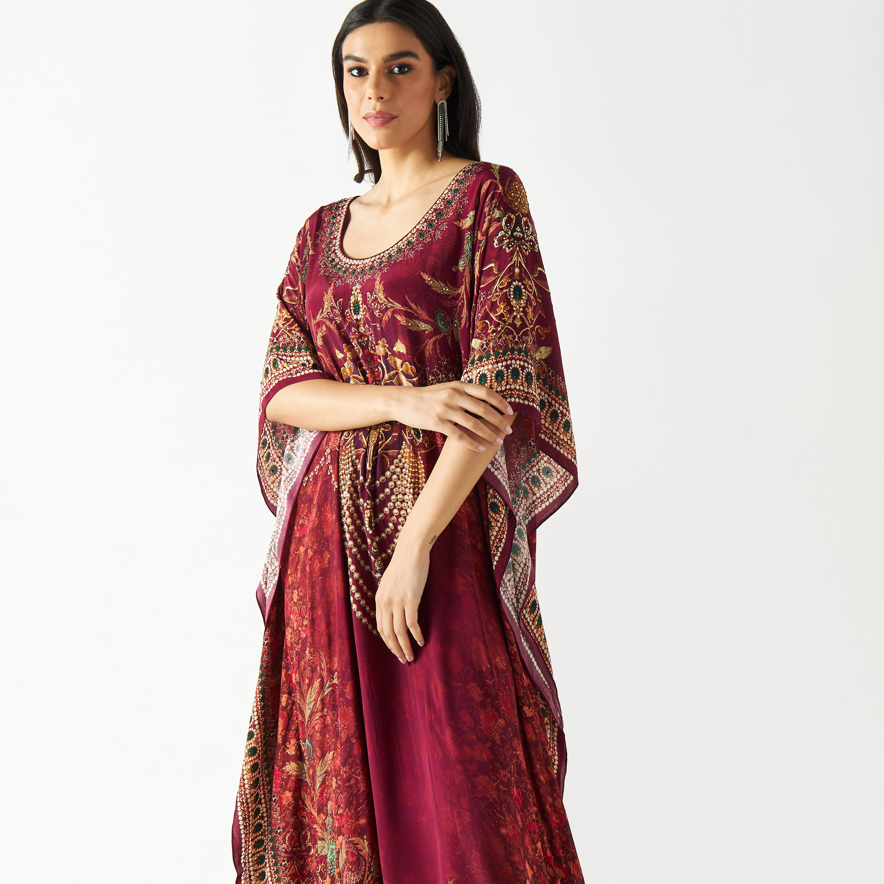 All-Over Print Kaftan Maxi Dress with Round Neck-women-arabicclothing-kaftan-image-2