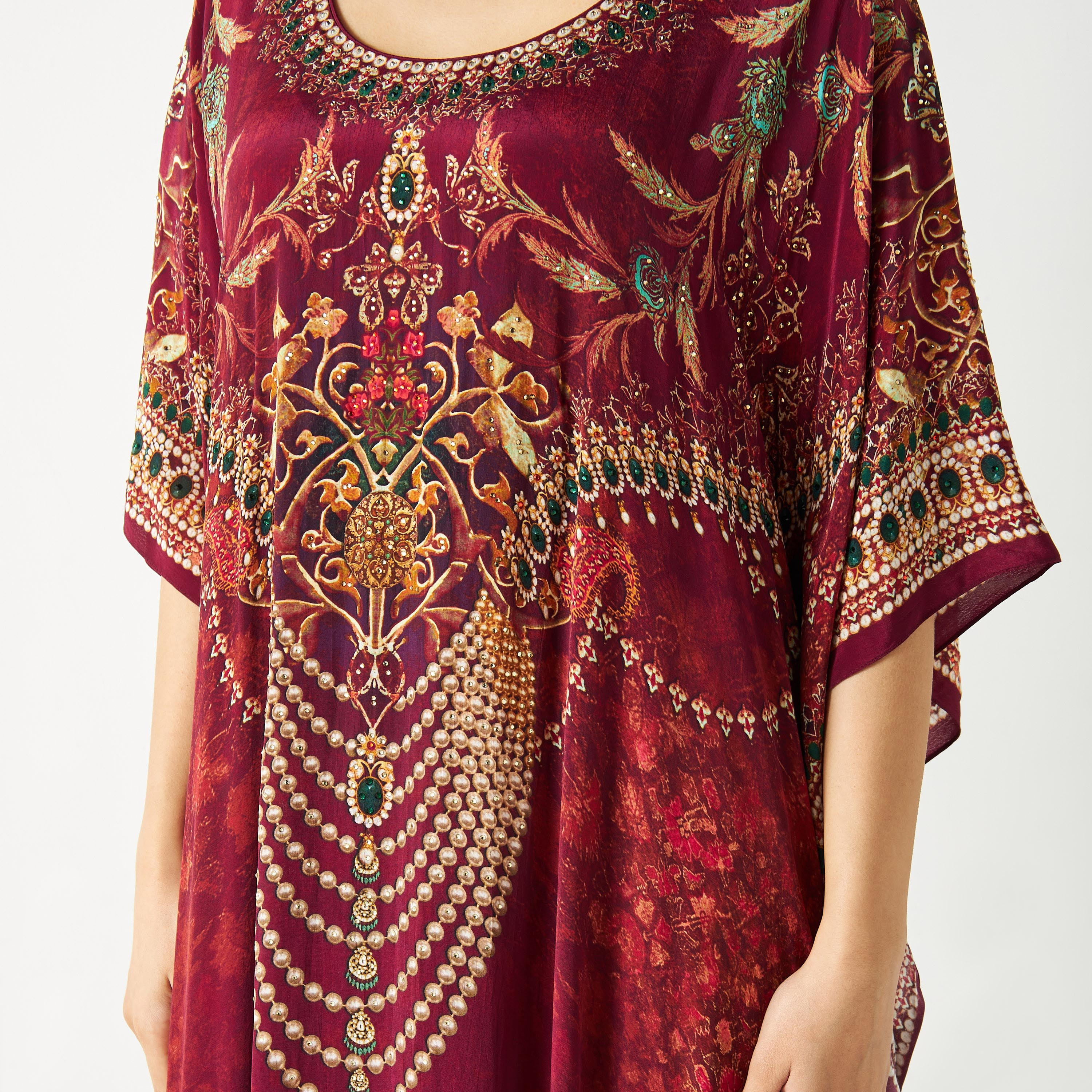 All-Over Print Kaftan Maxi Dress with Round Neck-women-arabicclothing-kaftan-image-3