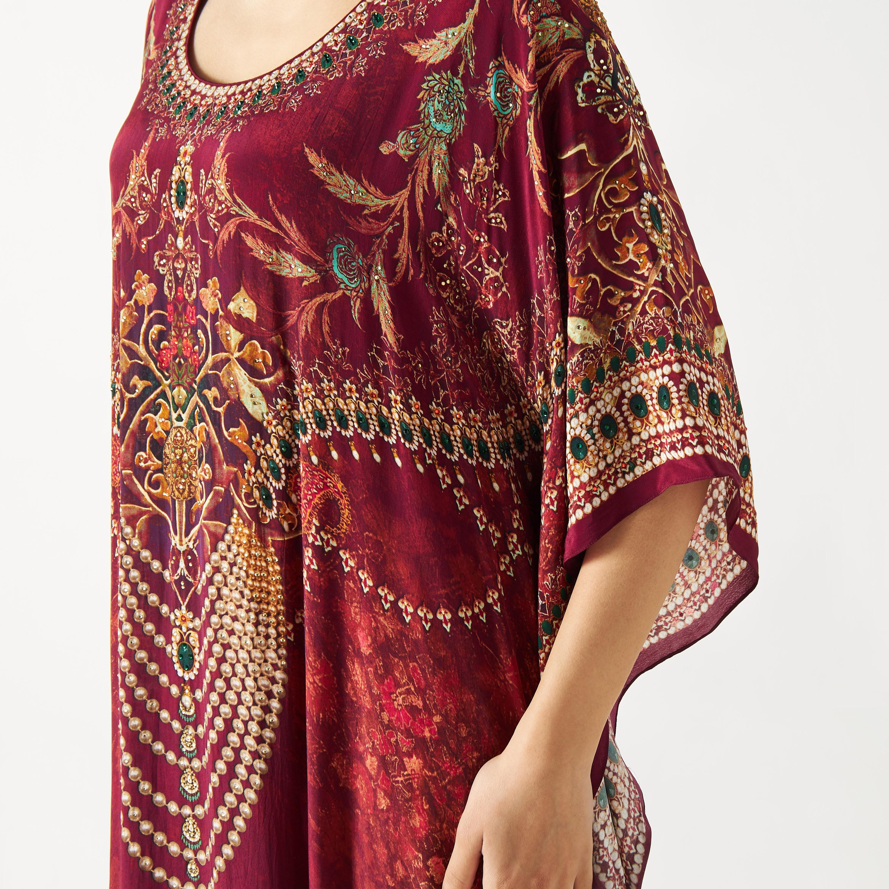 All-Over Print Kaftan Maxi Dress with Round Neck-women-arabicclothing-kaftan-image-4