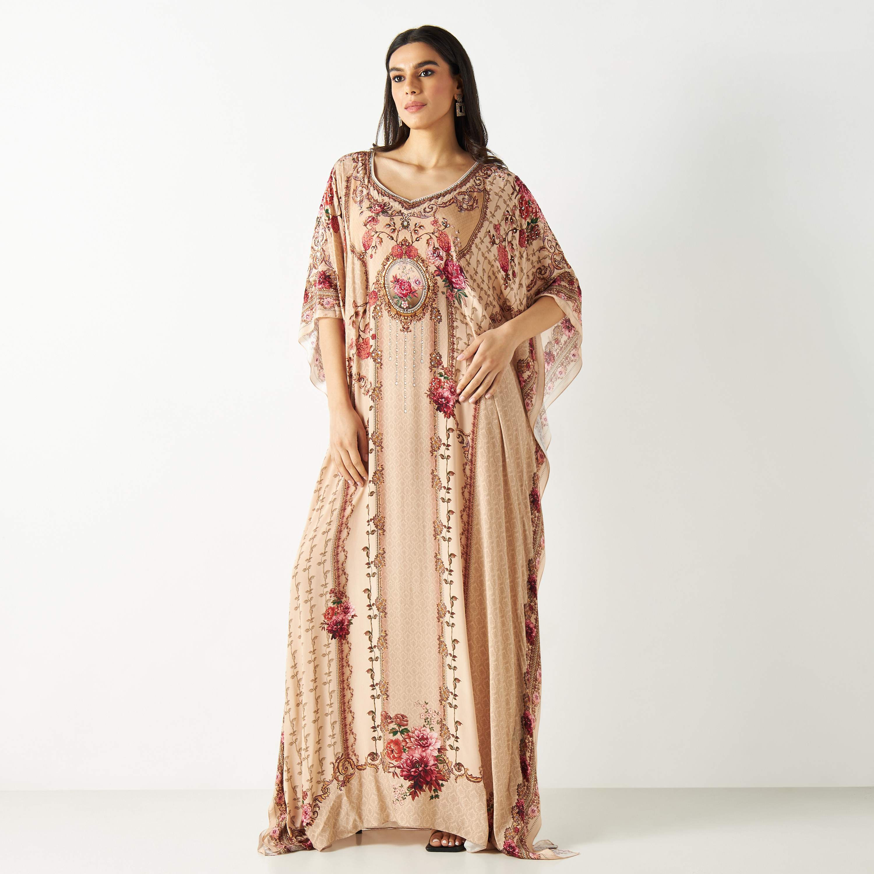 Printed Kaftan with Short Sleeves-women-arabicclothing-kaftan-image-1