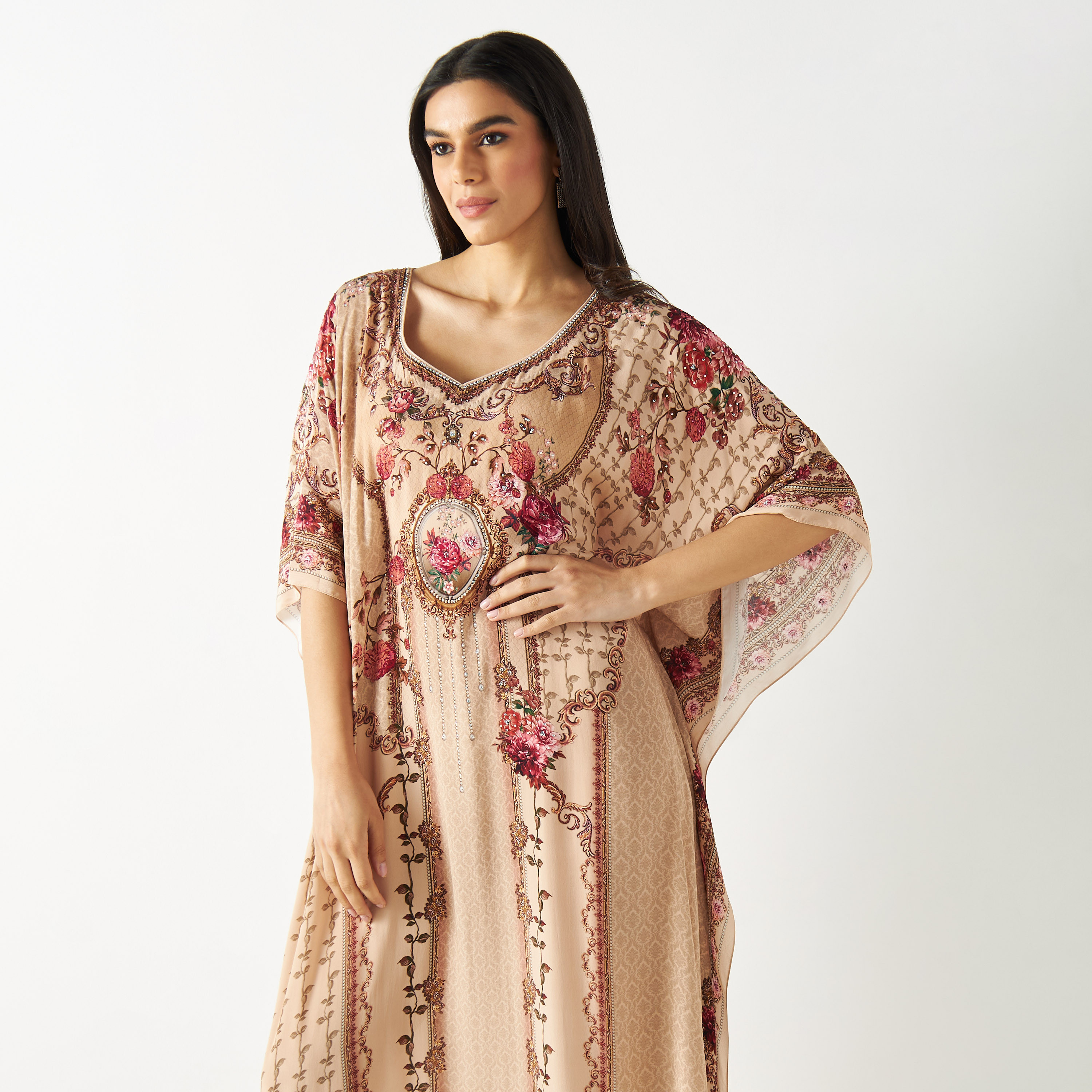 Printed Kaftan with Short Sleeves-women-arabicclothing-kaftan-image-2