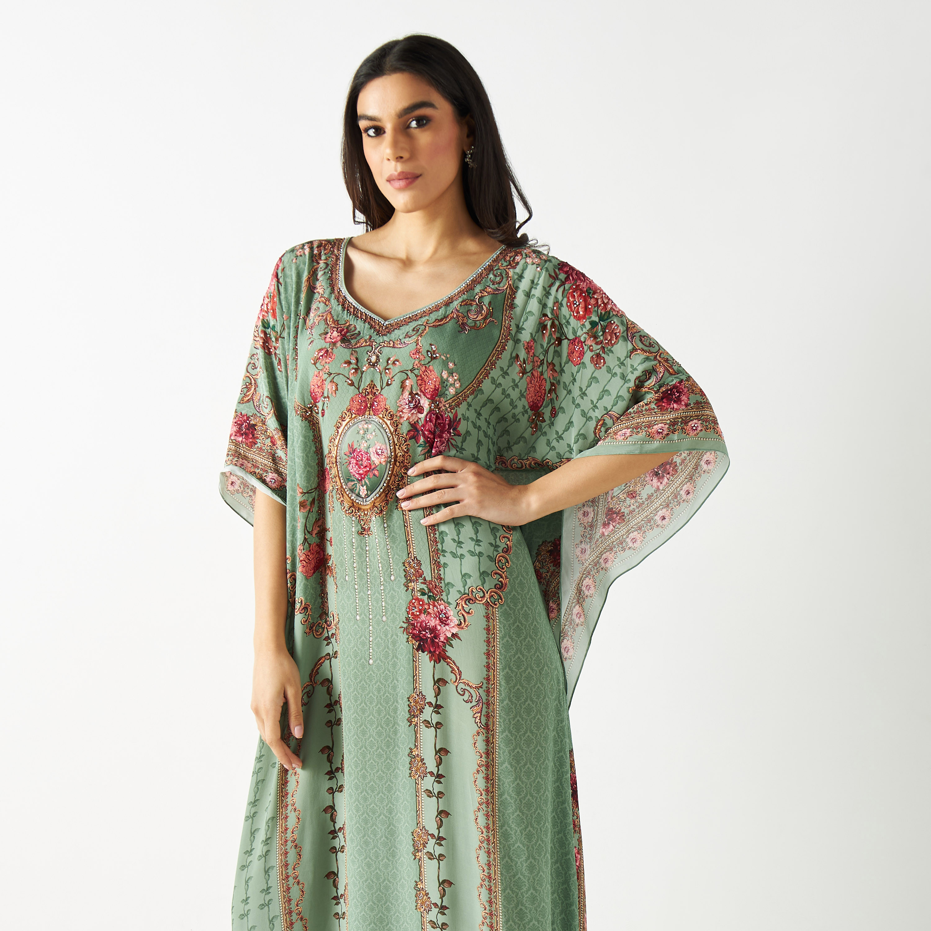 Printed Kaftan with Short Sleeves-women-arabicclothing-kaftan-image-7