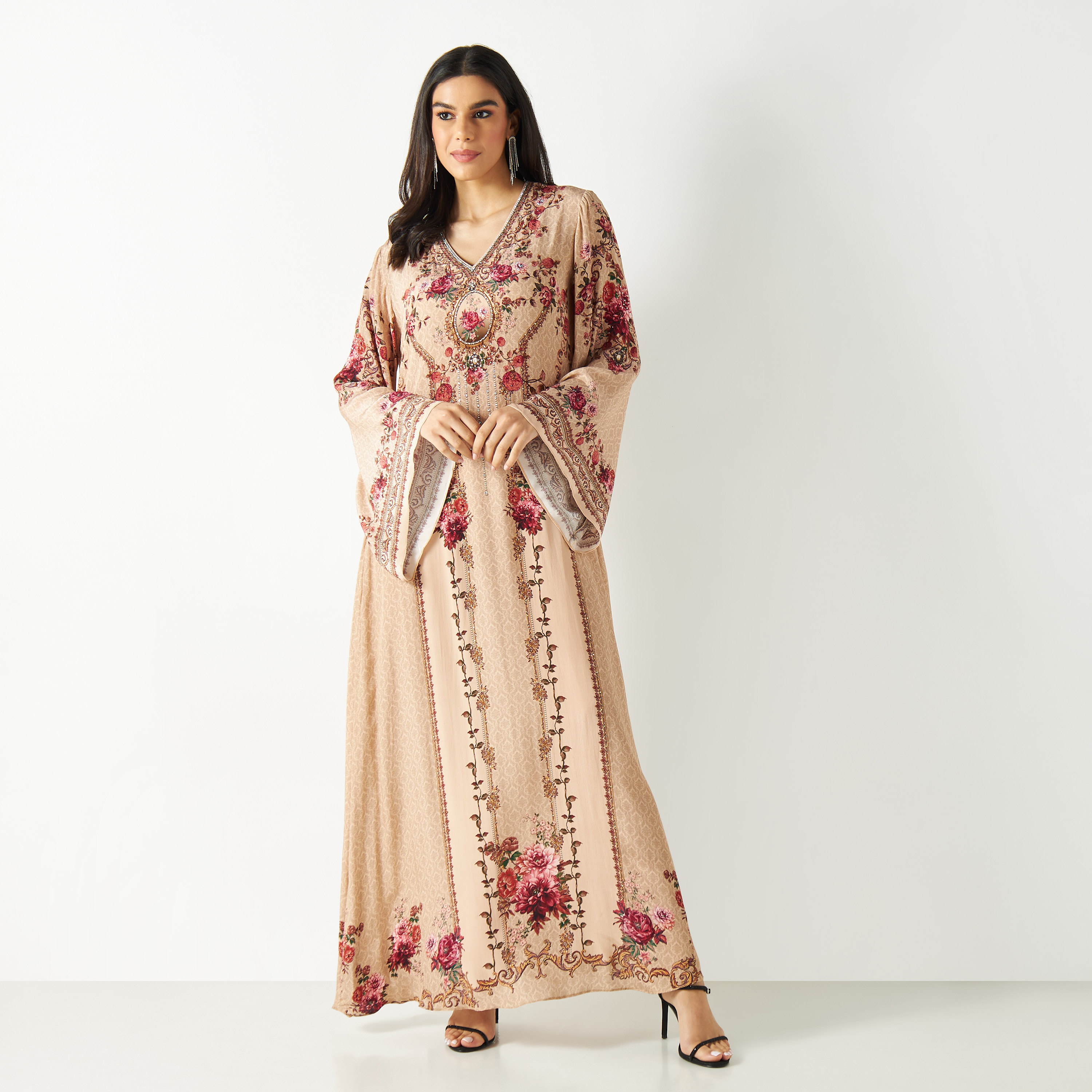 فستان ماكسي مزين بياقة V وأكمام واسعة-women-arabicclothing-kaftan-image-1