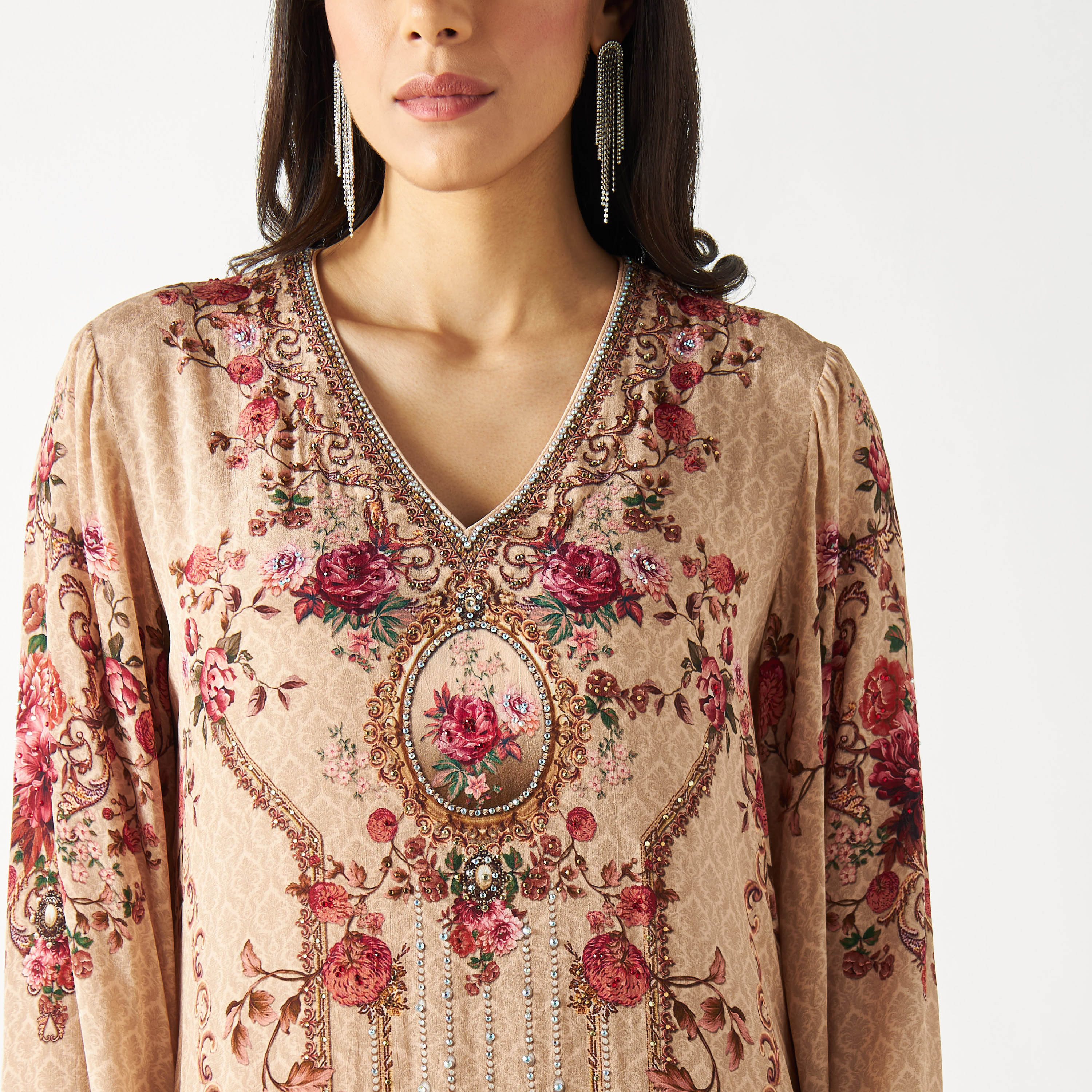 Embellished V-neck Maxi Dress with Flared Sleeves-women-arabicclothing-kaftan-image-3