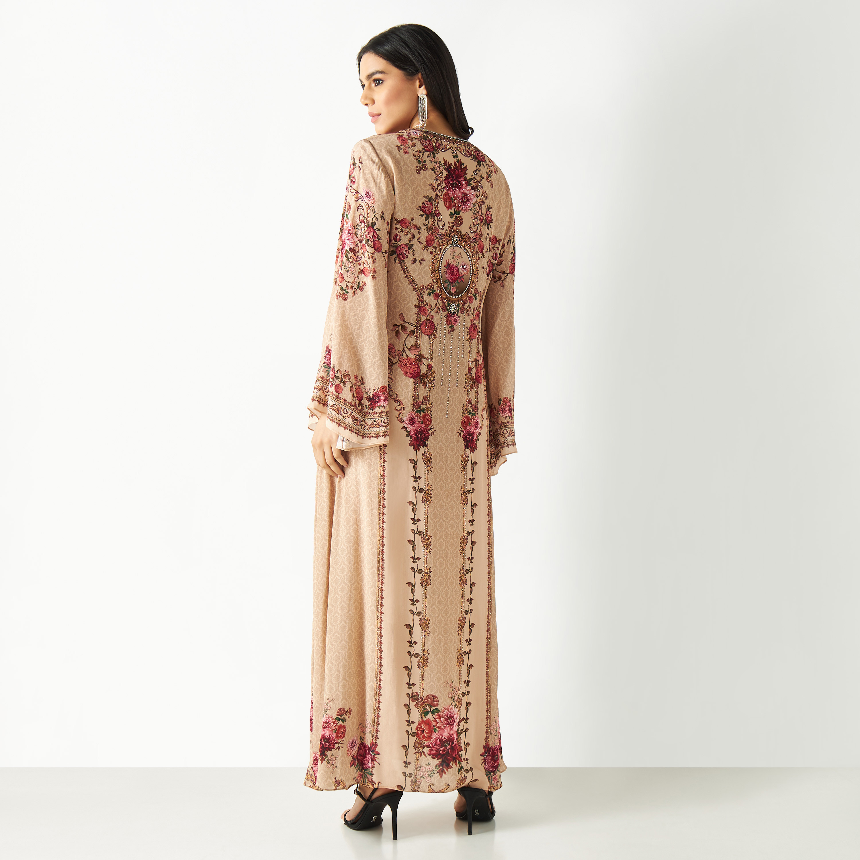 Embellished V-neck Maxi Dress with Flared Sleeves-women-arabicclothing-kaftan-image-5