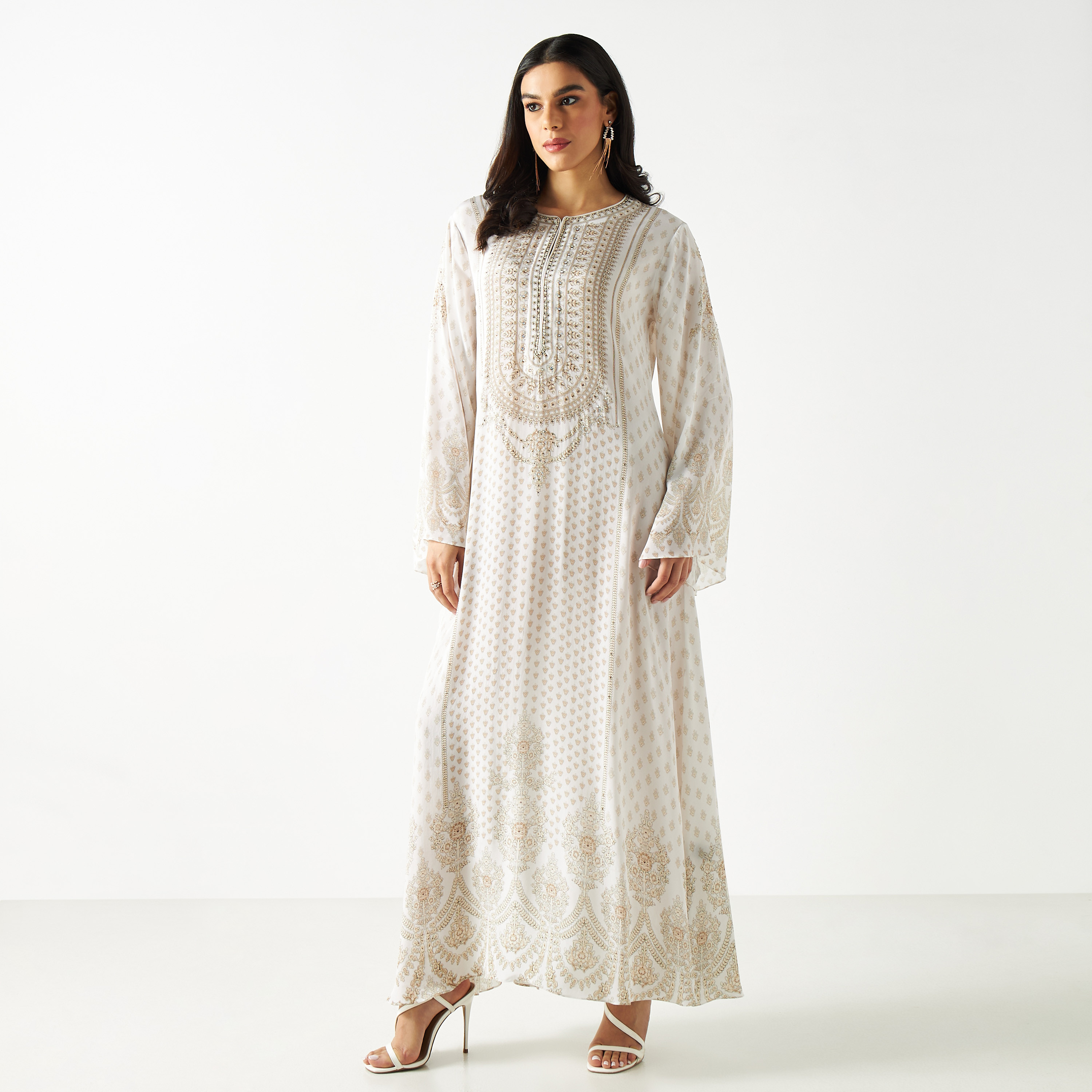 Printed Maxi Kaftan with Flared Sleeves-women-arabicclothing-kaftan-image-1