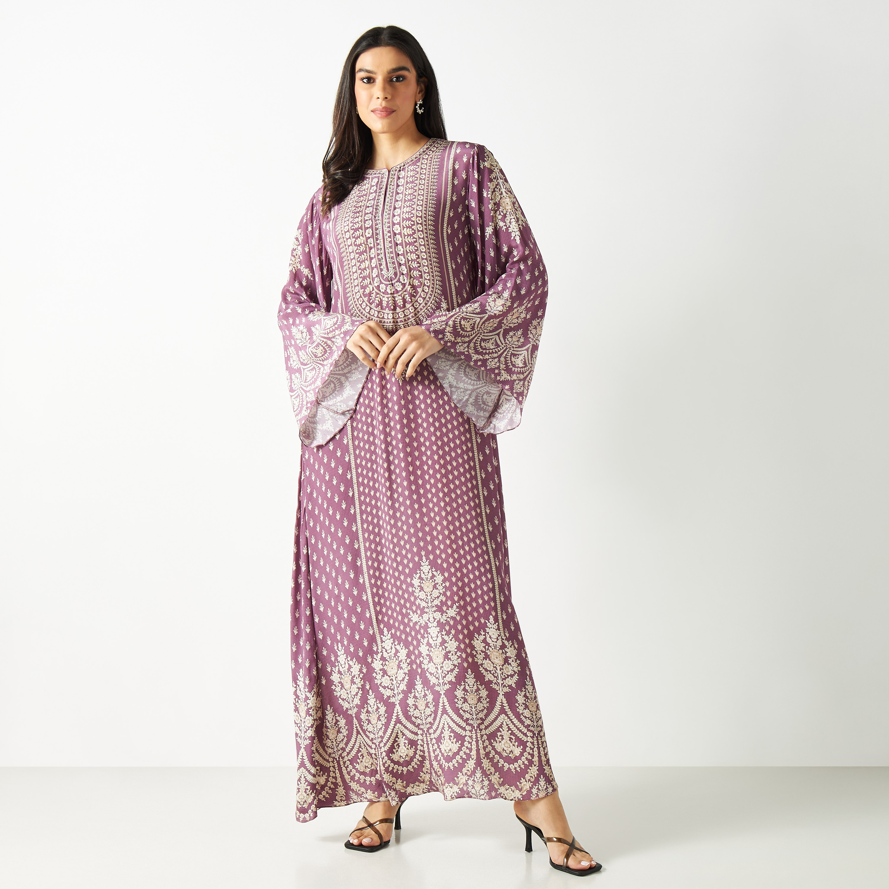 Printed Maxi Kaftan with Flared Sleeves-women-arabicclothing-kaftan-image-6