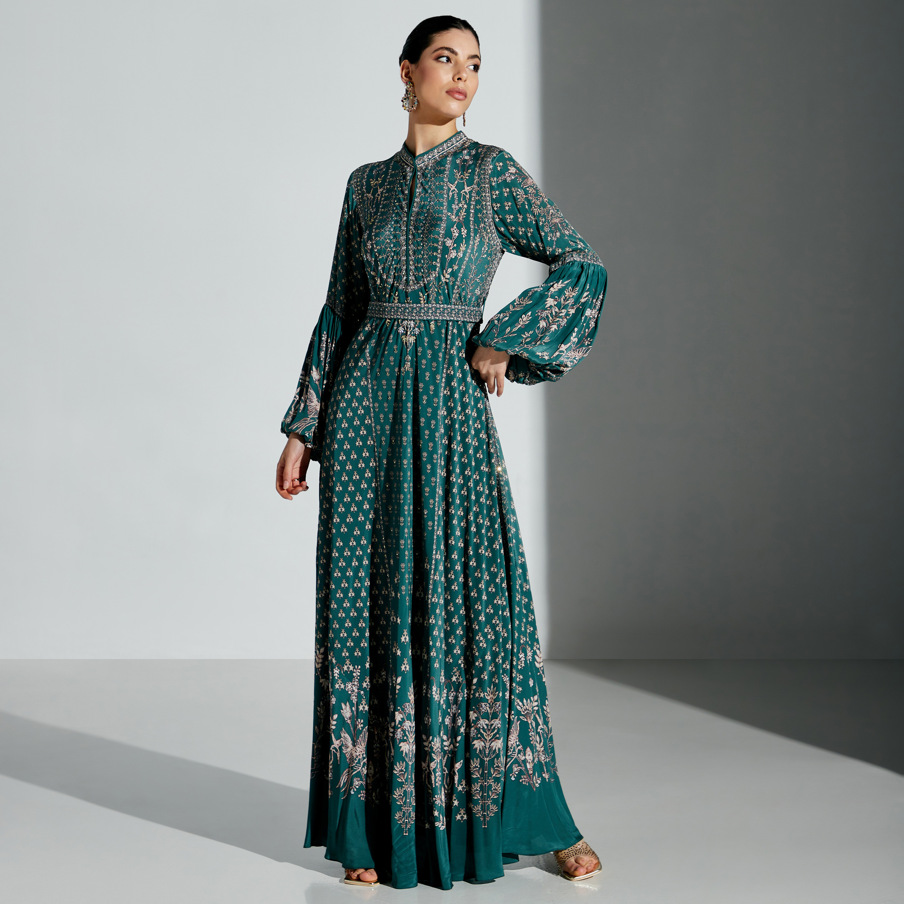 Nirraamyaa Embellished Maxi Dress with Tie-Ups-women-arabicclothing-kaftan-image-1