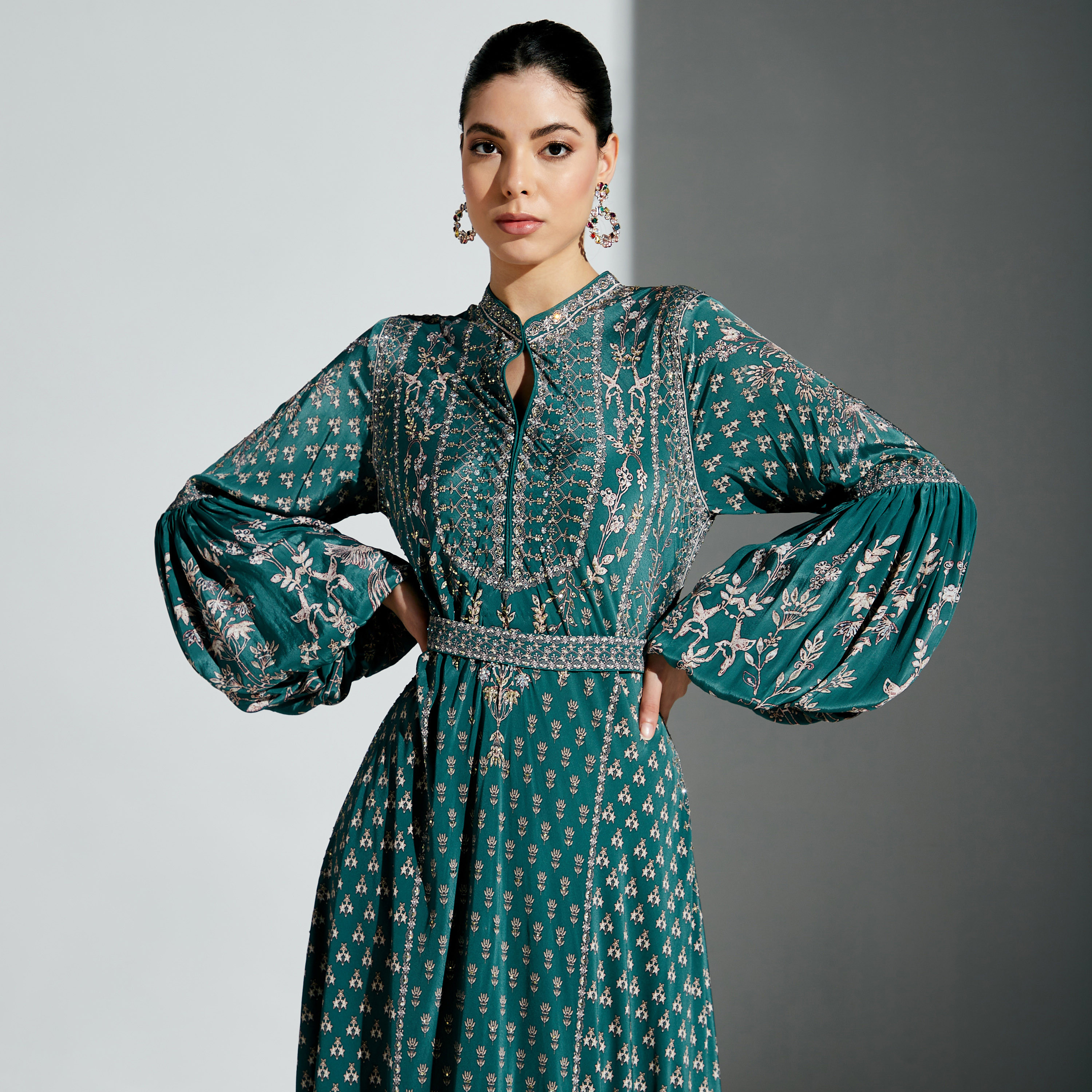 Nirraamyaa Embellished Maxi Dress with Tie-Ups-women-arabicclothing-kaftan-image-2