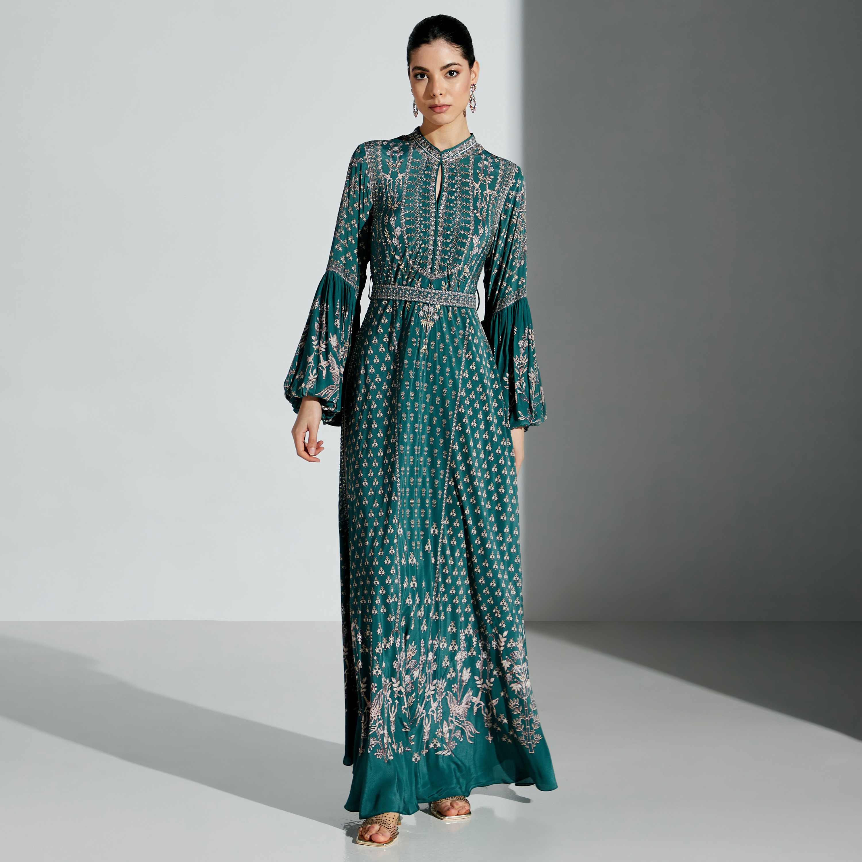 Nirraamyaa Embellished Maxi Dress with Tie-Ups-women-arabicclothing-kaftan-image-4