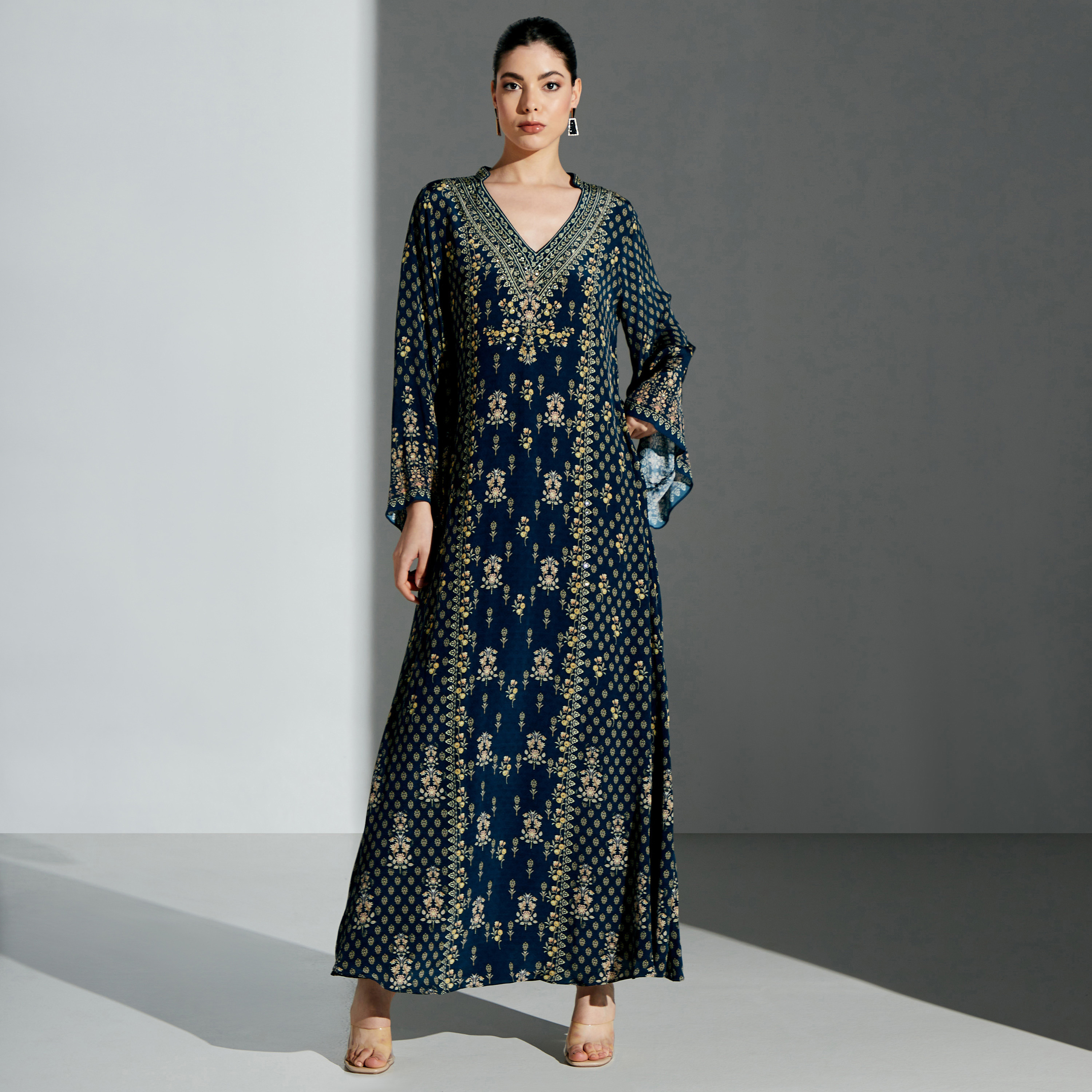 Nirraamyaa All-Over Print V-Neck Kaftan-women-arabicclothing-kaftan-image-1