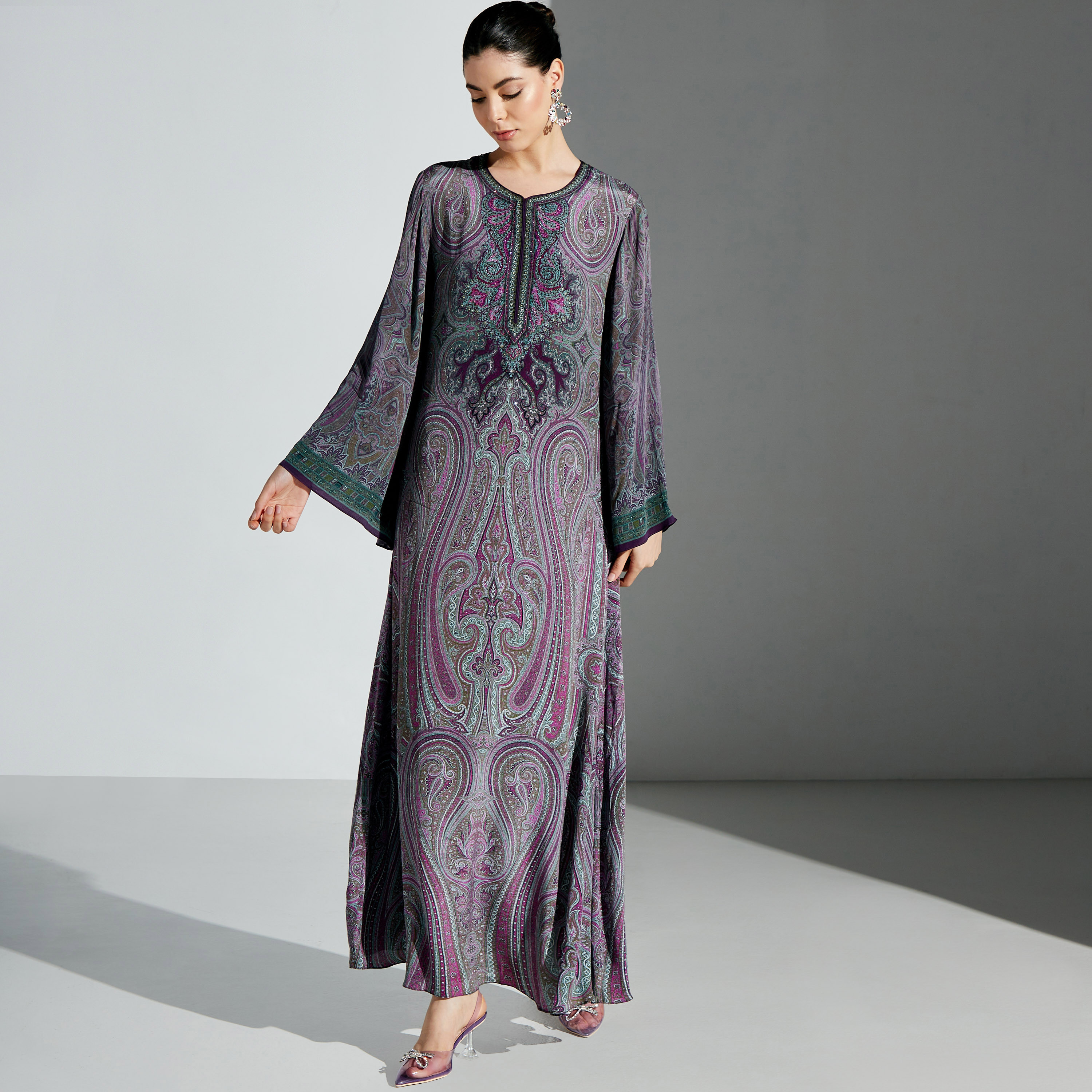 Nirraamyaa Printed Maxi Dress with Long Flared Sleeves-women-arabicclothing-kaftan-image-1
