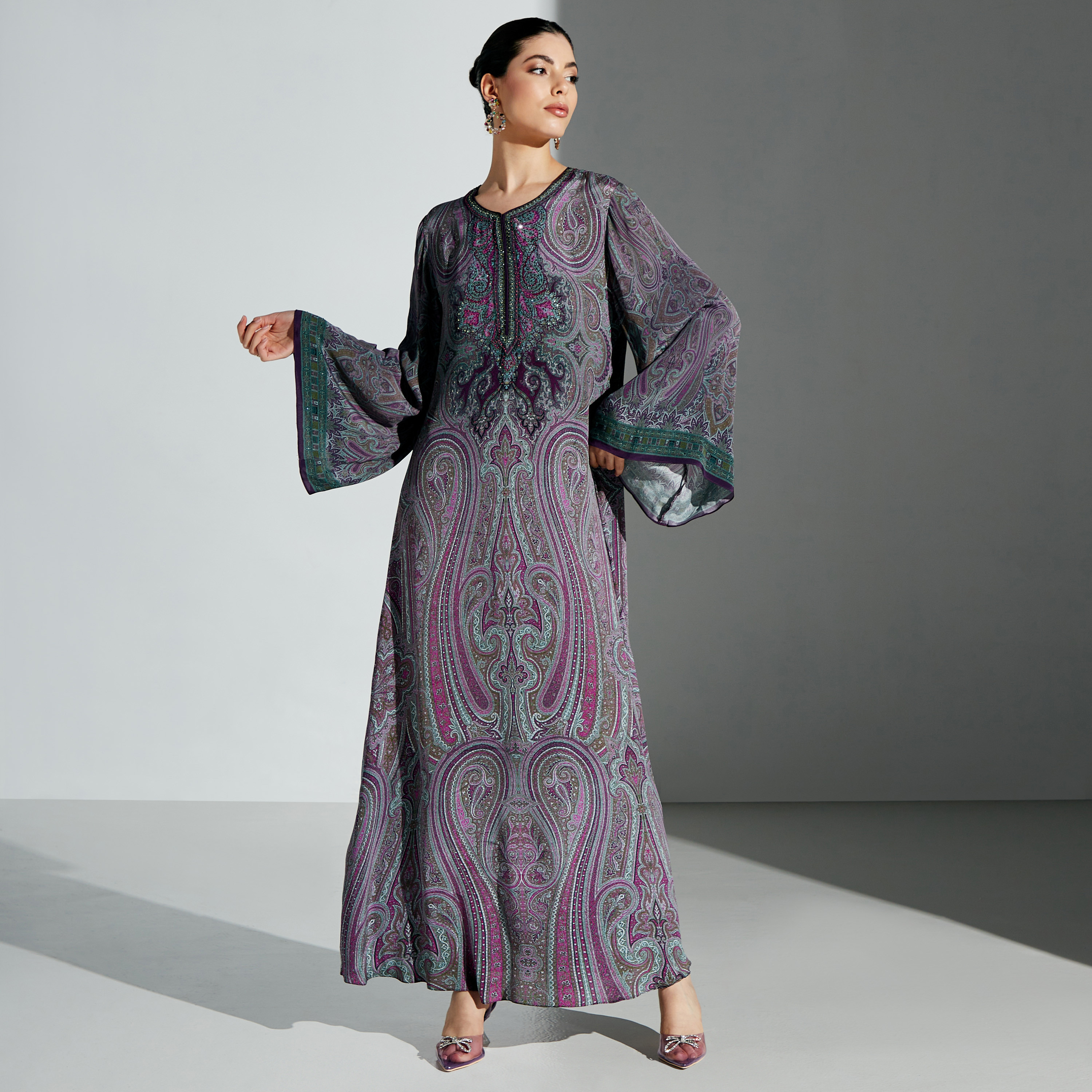 Nirraamyaa Printed Maxi Dress with Long Flared Sleeves-women-arabicclothing-kaftan-image-4
