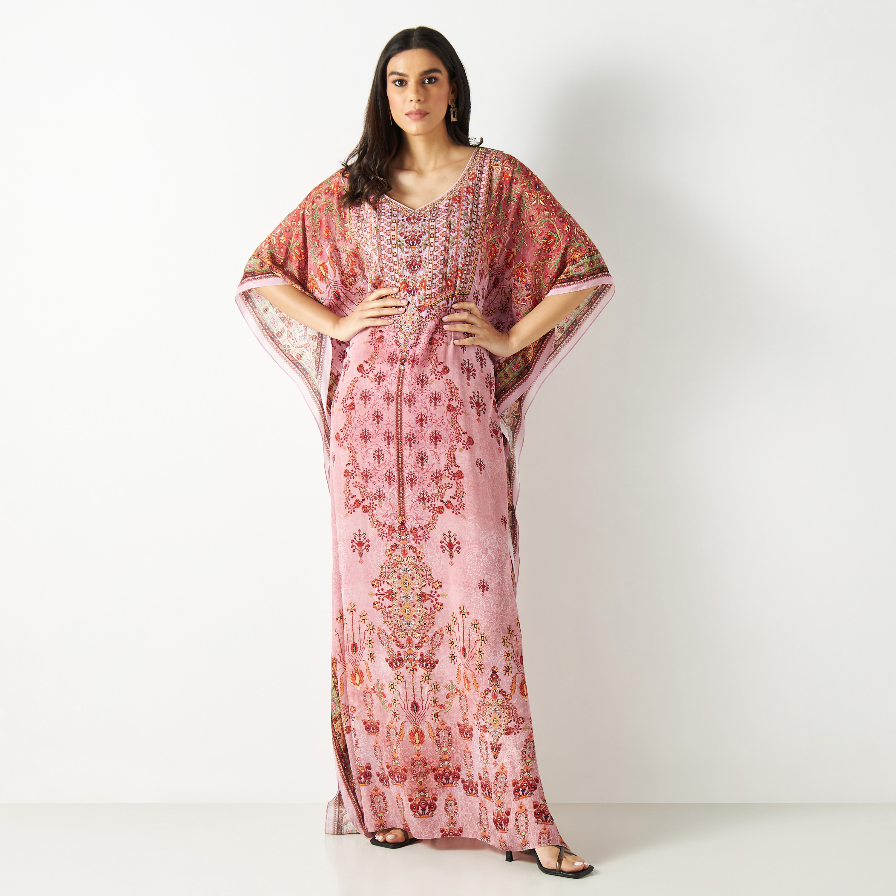 All-Over Print Kaftan Maxi Dress with Leaf Neck-women-arabicclothing-kaftan-image-1