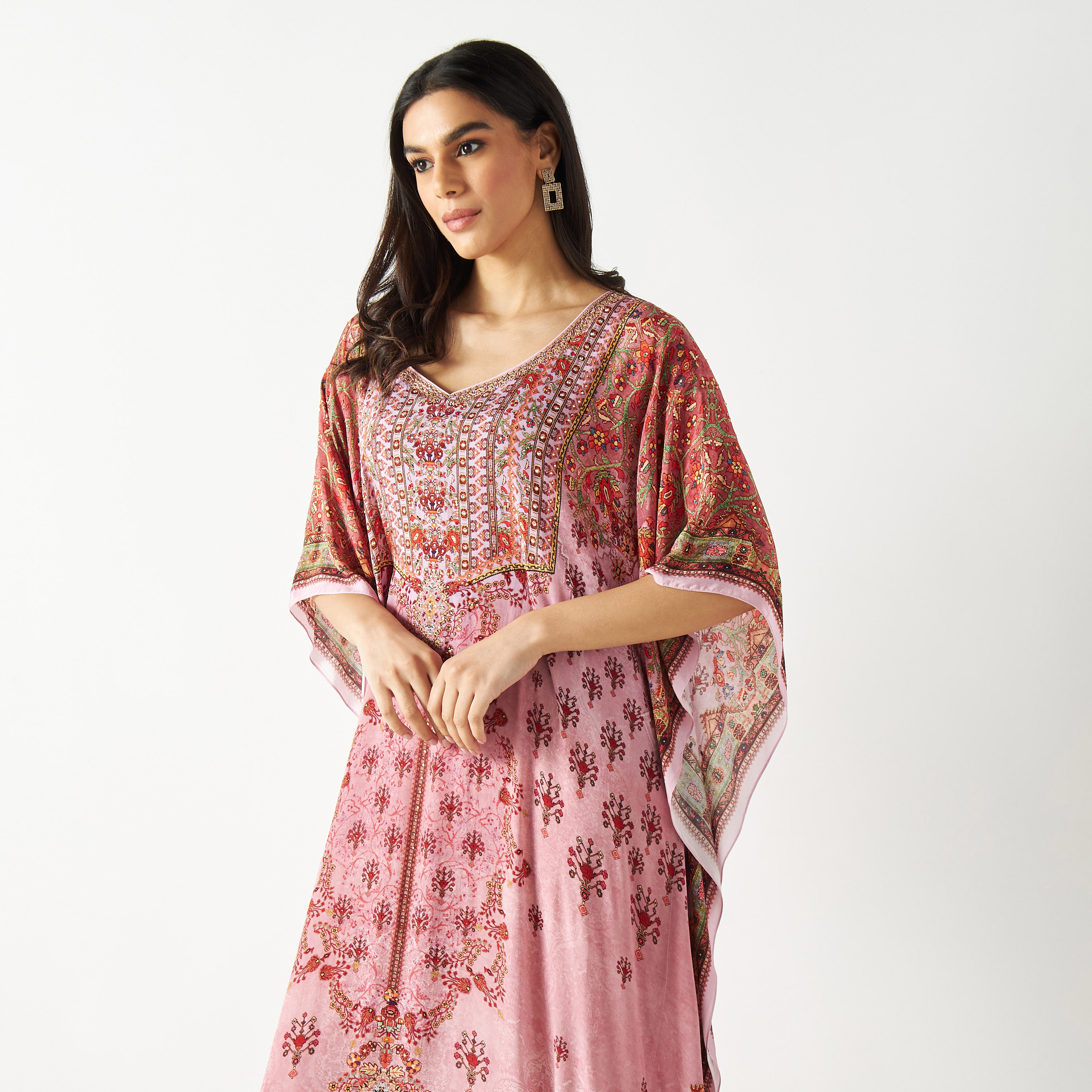 All-Over Print Kaftan Maxi Dress with Leaf Neck-women-arabicclothing-kaftan-image-2