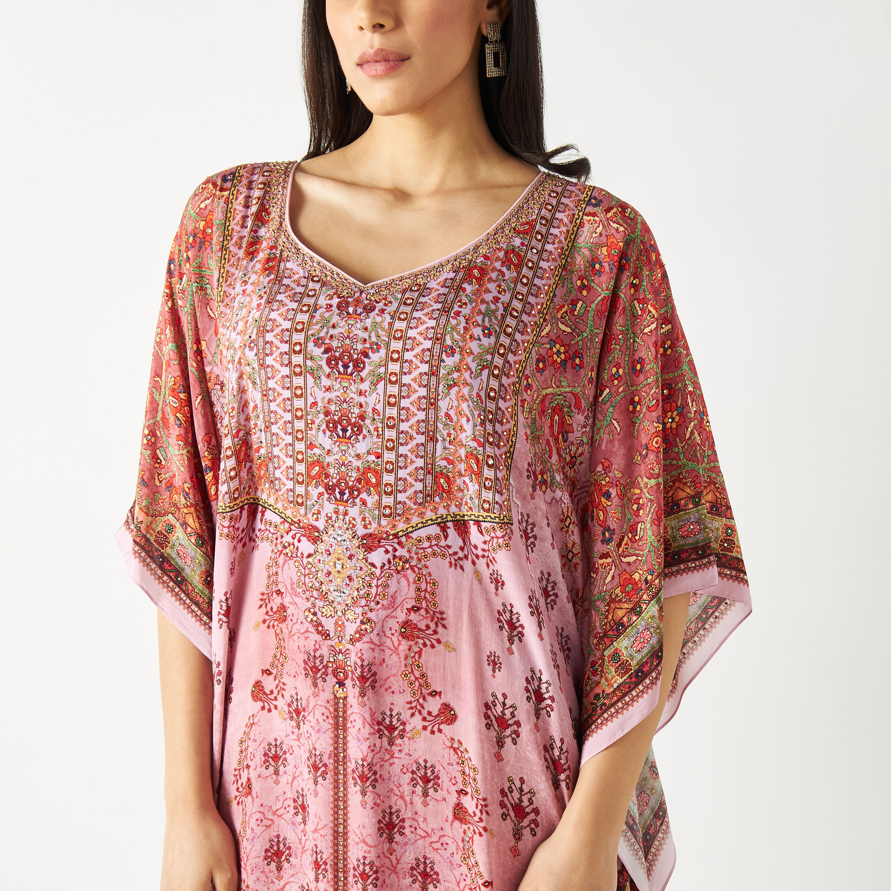 All-Over Print Kaftan Maxi Dress with Leaf Neck-women-arabicclothing-kaftan-image-3