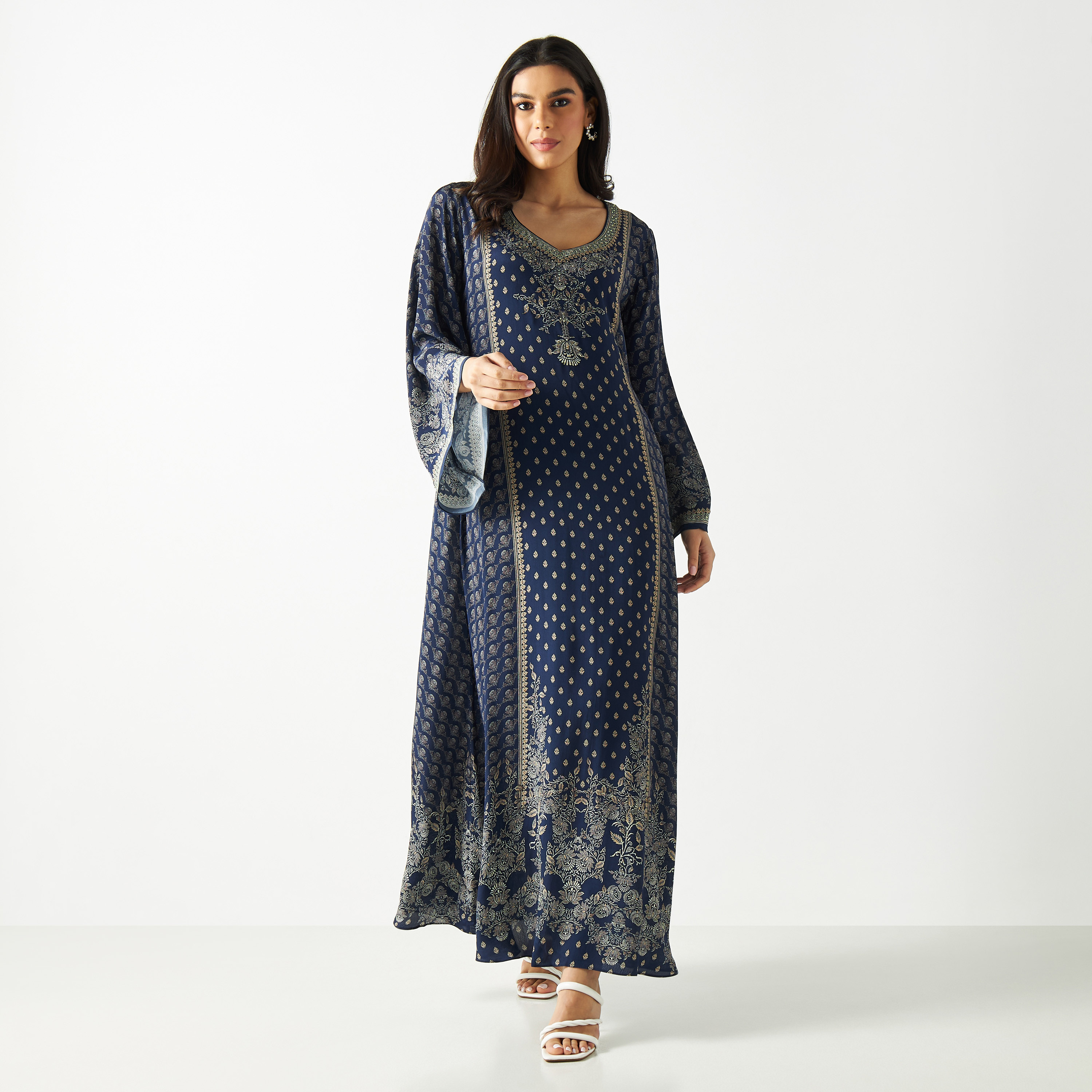 All-Over Print Kaftan Maxi Dress with Leaf Neck-women-arabicclothing-kaftan-image-1