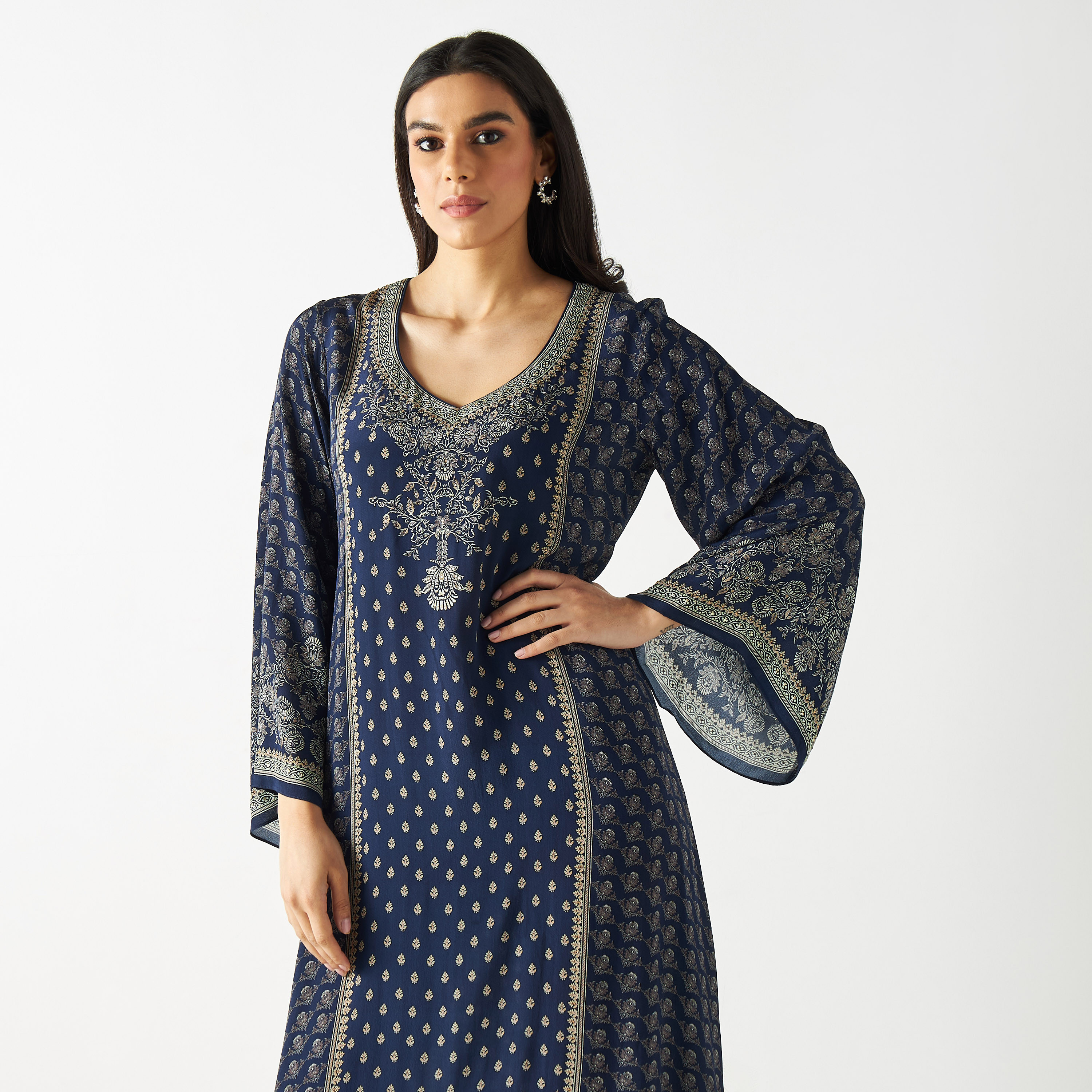 All-Over Print Kaftan Maxi Dress with Leaf Neck-women-arabicclothing-kaftan-image-2