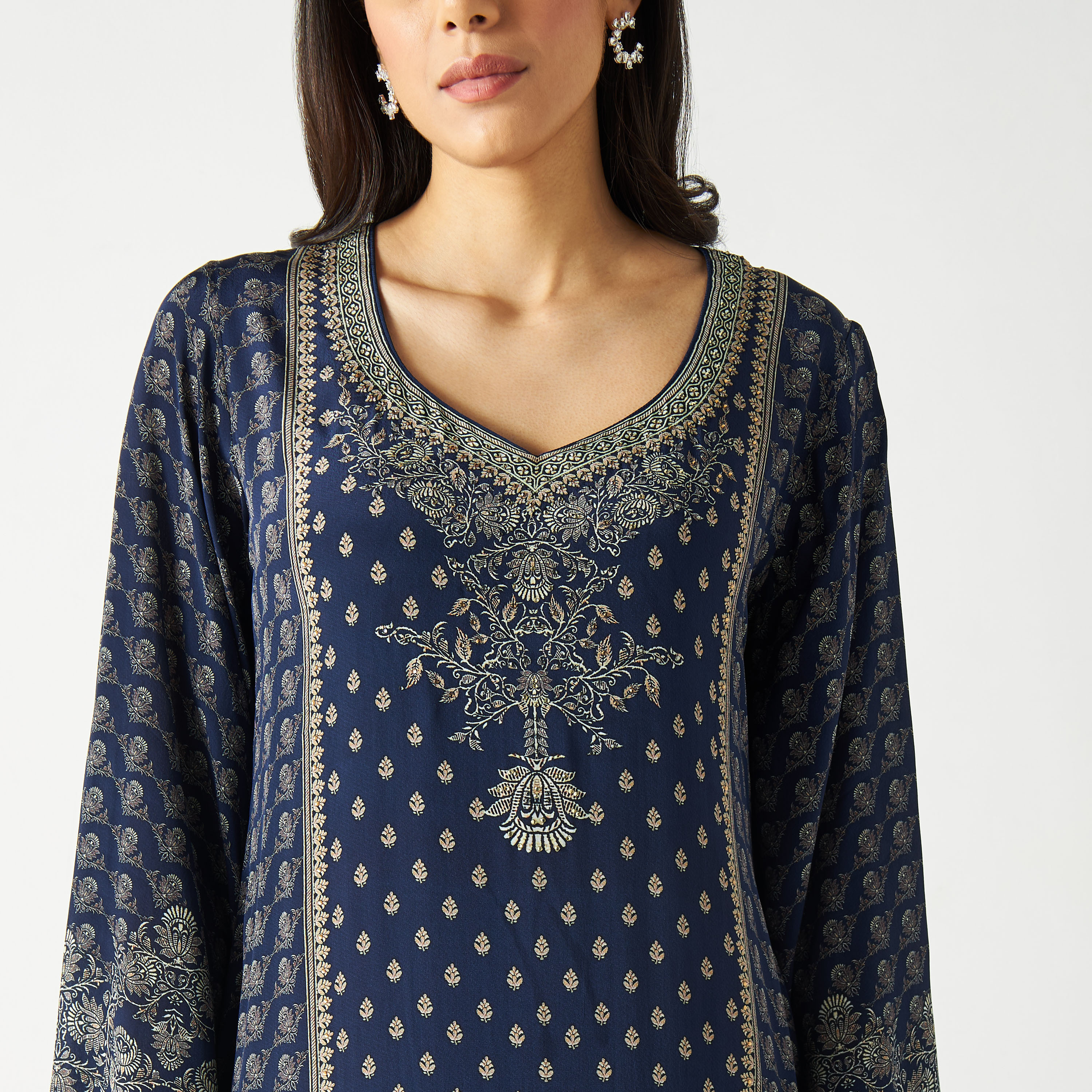 All-Over Print Kaftan Maxi Dress with Leaf Neck-women-arabicclothing-kaftan-image-3