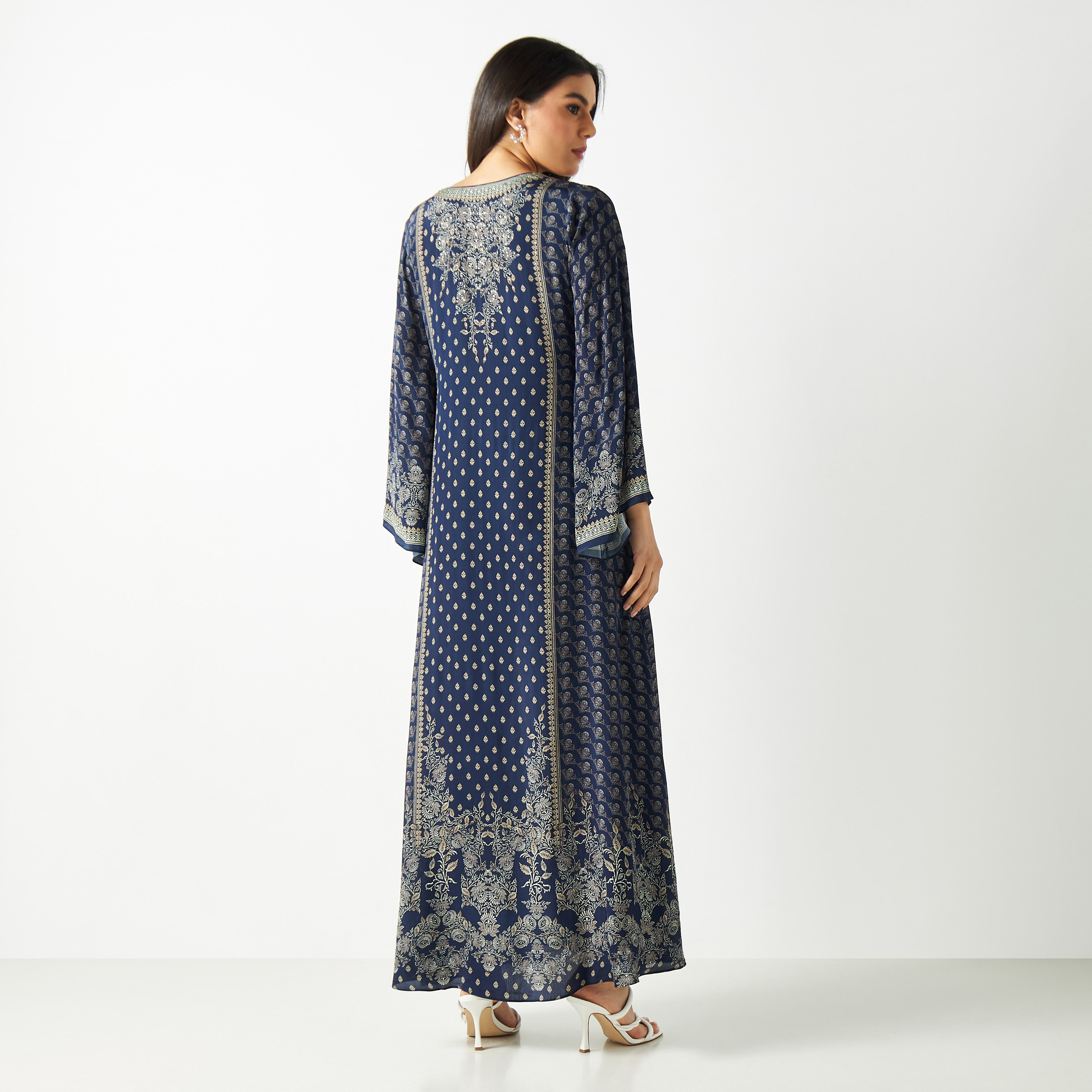 All-Over Print Kaftan Maxi Dress with Leaf Neck-women-arabicclothing-kaftan-image-5