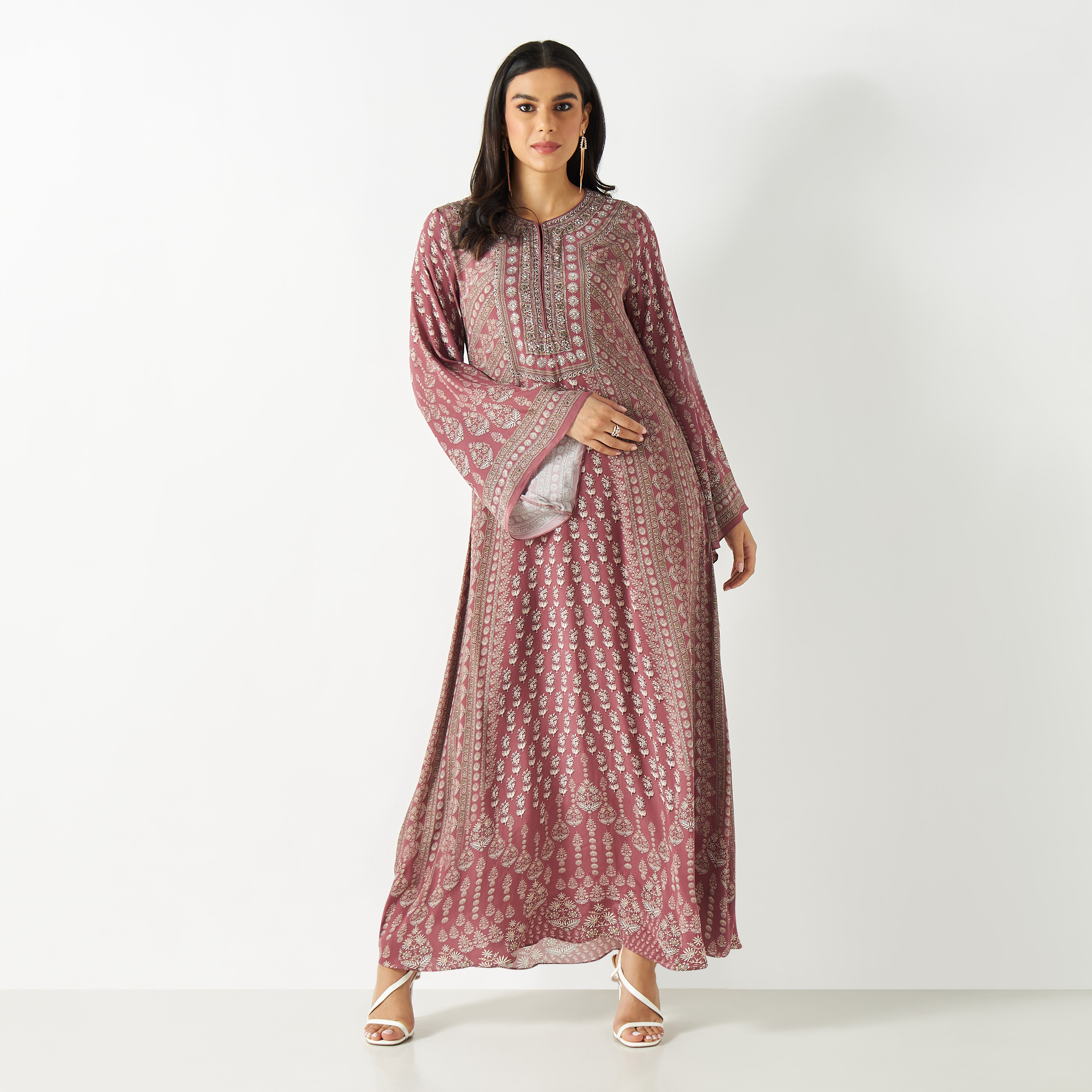 فستان ماكسي مزين بياقة مستديرة وأكمام واسعة-women-arabicclothing-kaftan-image-1