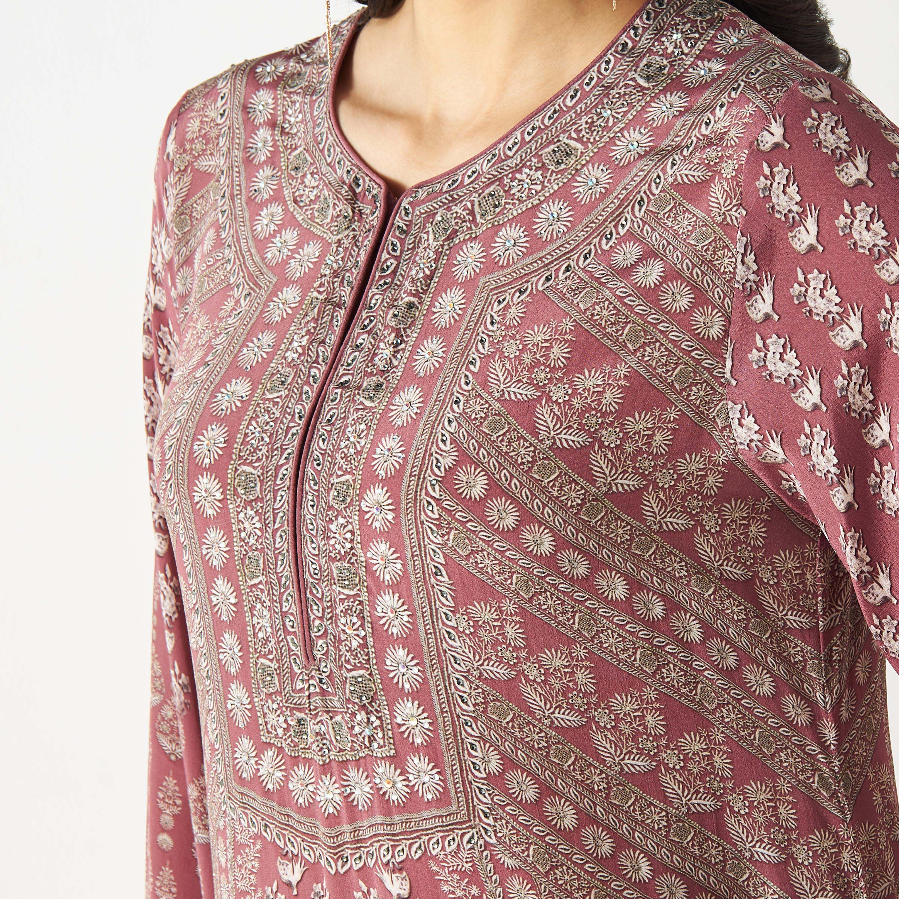 فستان ماكسي مزين بياقة مستديرة وأكمام واسعة-women-arabicclothing-kaftan-image-3