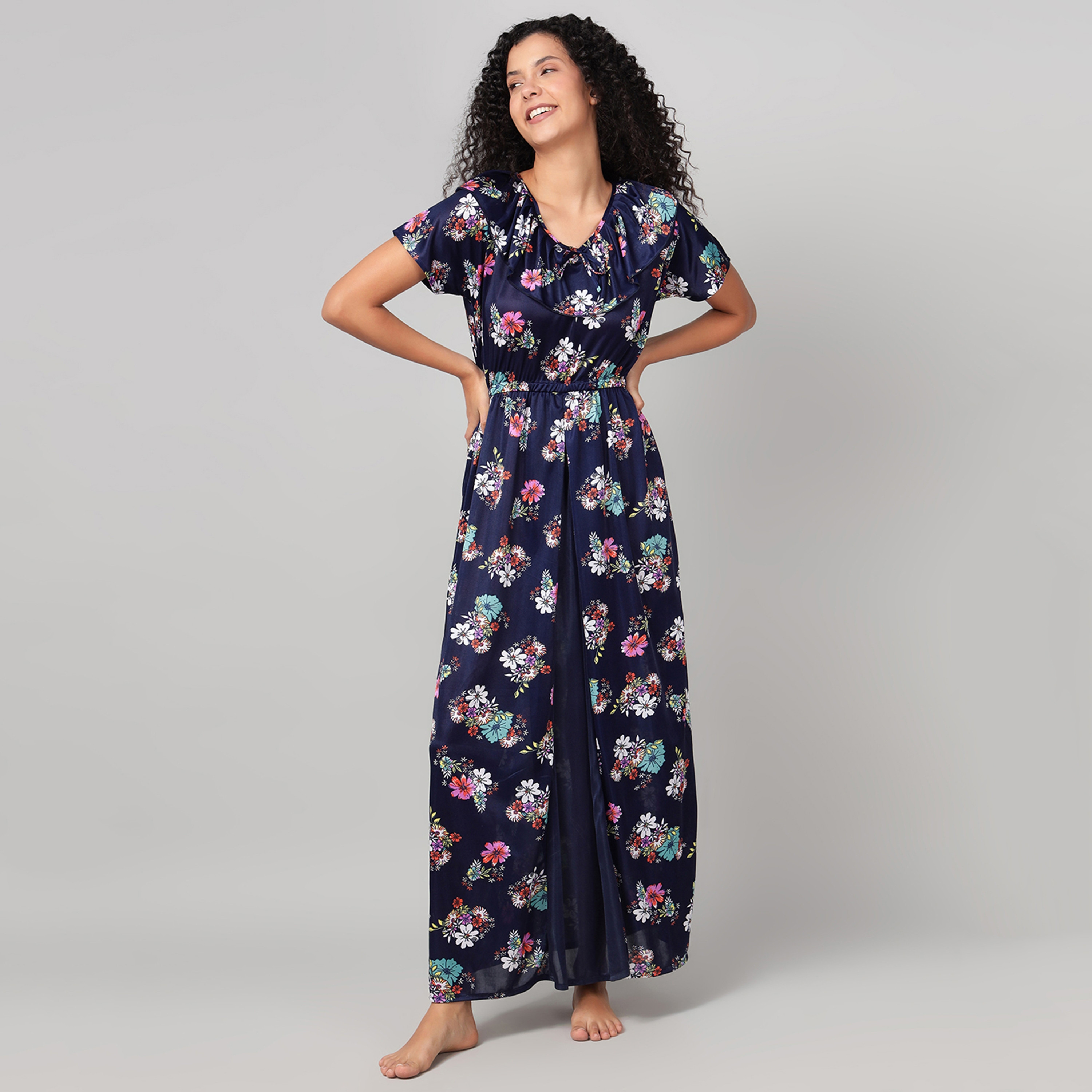 Clovia Floral Print Long Women's Nighty in Navy Colour - Satin-women-clothing-nightwear-nighties-image-1