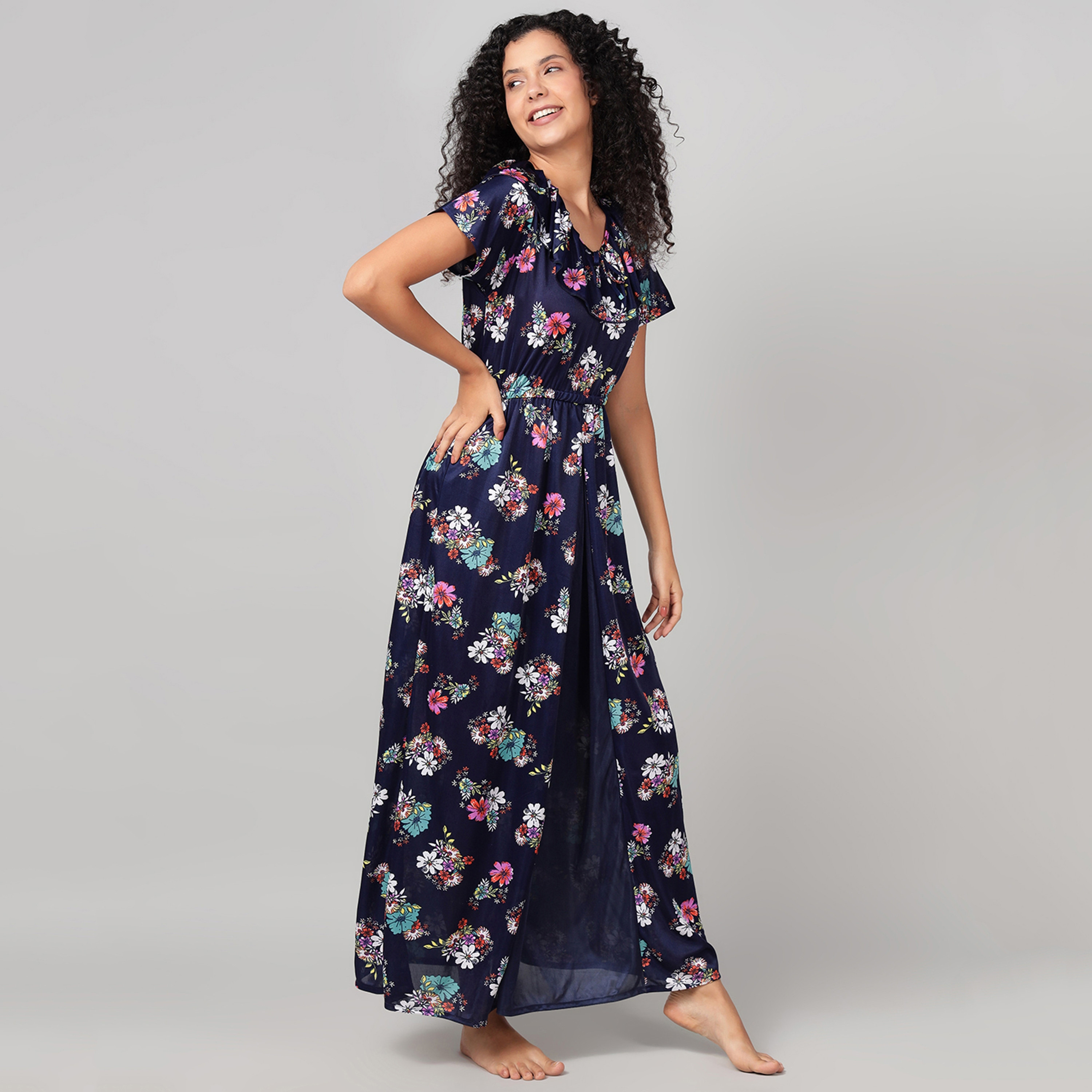 قميص نوم (نايتي) نسائي طويل بطبعة الزهور ولون كحلي من كلوفيا - ساتان-women-clothing-nightwear-nighties-image-3