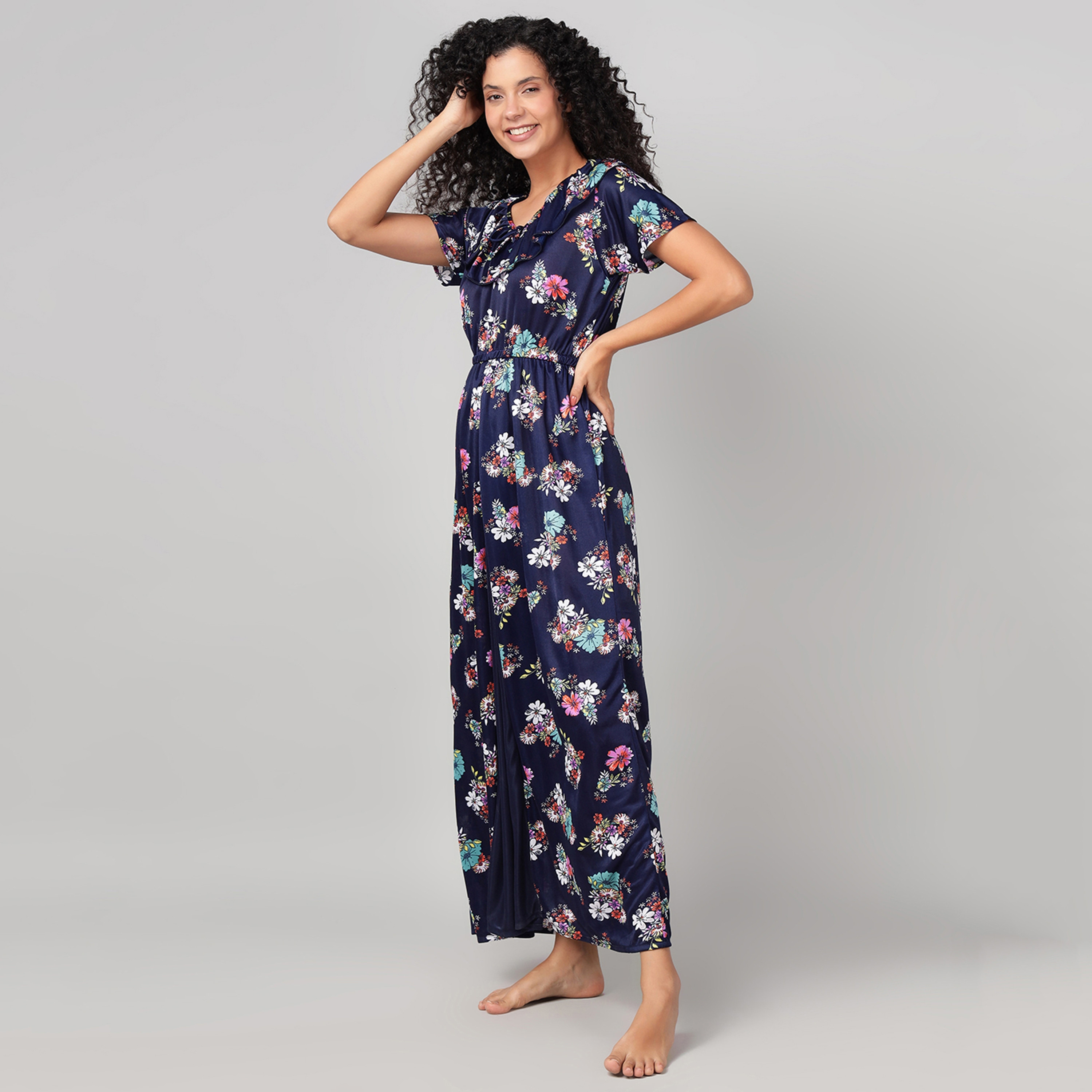 Clovia Floral Print Long Women's Nighty in Navy Colour - Satin-women-clothing-nightwear-nighties-image-4