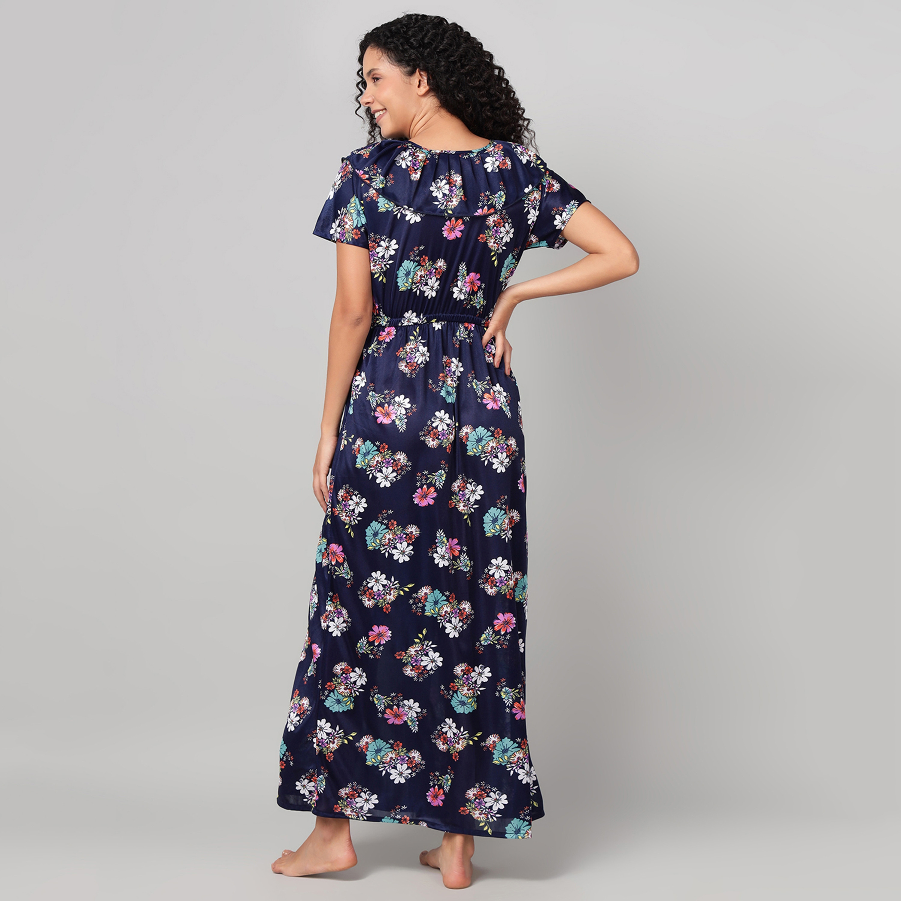 قميص نوم (نايتي) نسائي طويل بطبعة الزهور ولون كحلي من كلوفيا - ساتان-women-clothing-nightwear-nighties-image-5