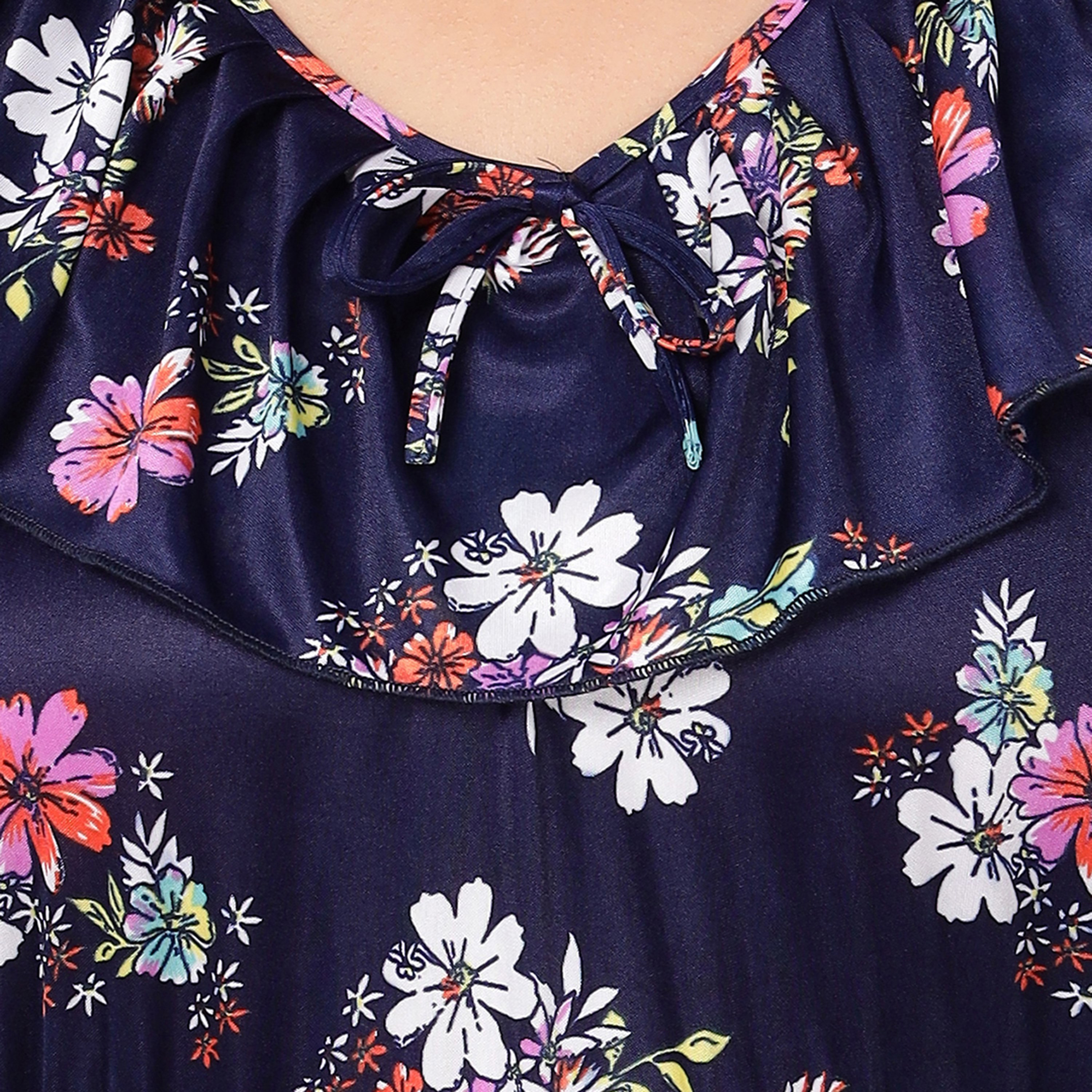 Clovia Floral Print Long Women's Nighty in Navy Colour - Satin-women-clothing-nightwear-nighties-image-6