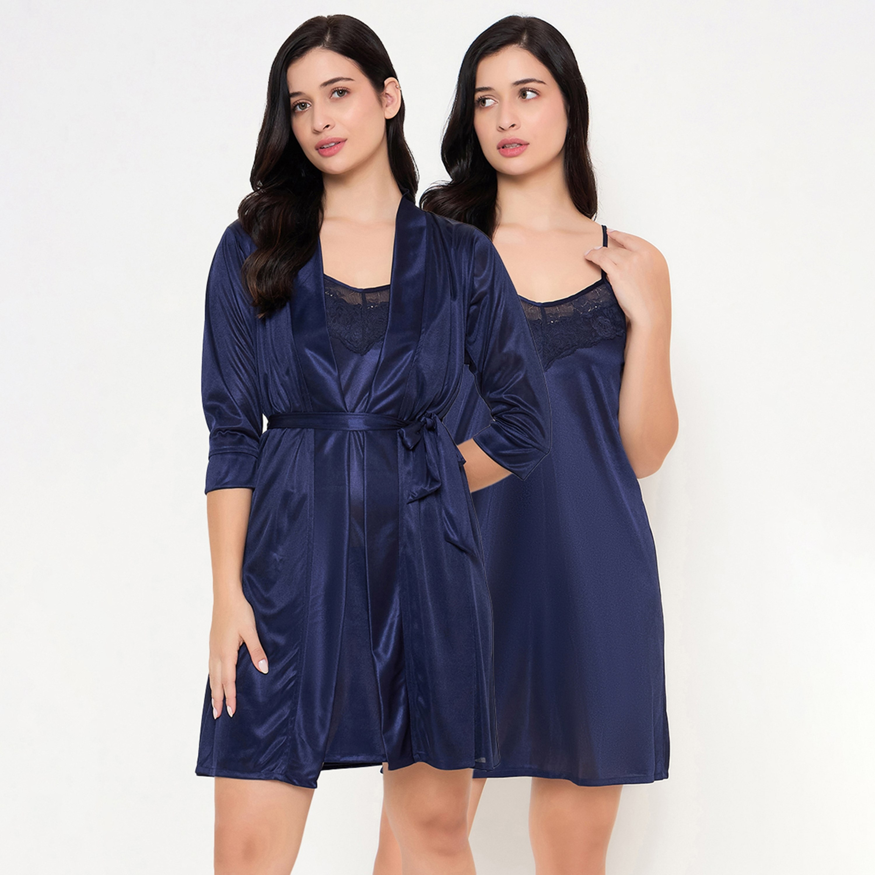 طقم فستان نوم قصير وروب نسائي أساسي أنيق باللون الأزرق الداكن من كلوفيا-women-clothing-nightwear-nighties-image-1
