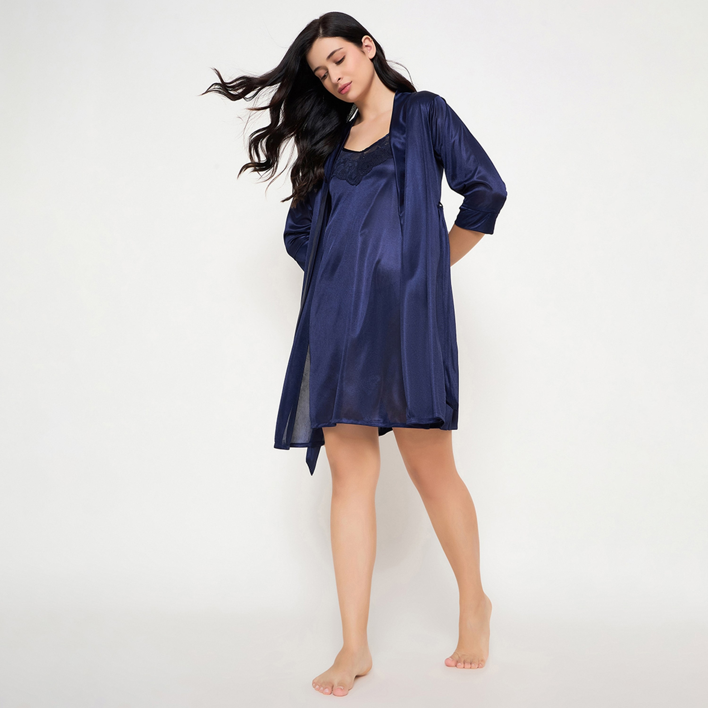 طقم فستان نوم قصير وروب نسائي أساسي أنيق باللون الأزرق الداكن من كلوفيا-women-clothing-nightwear-nighties-image-2