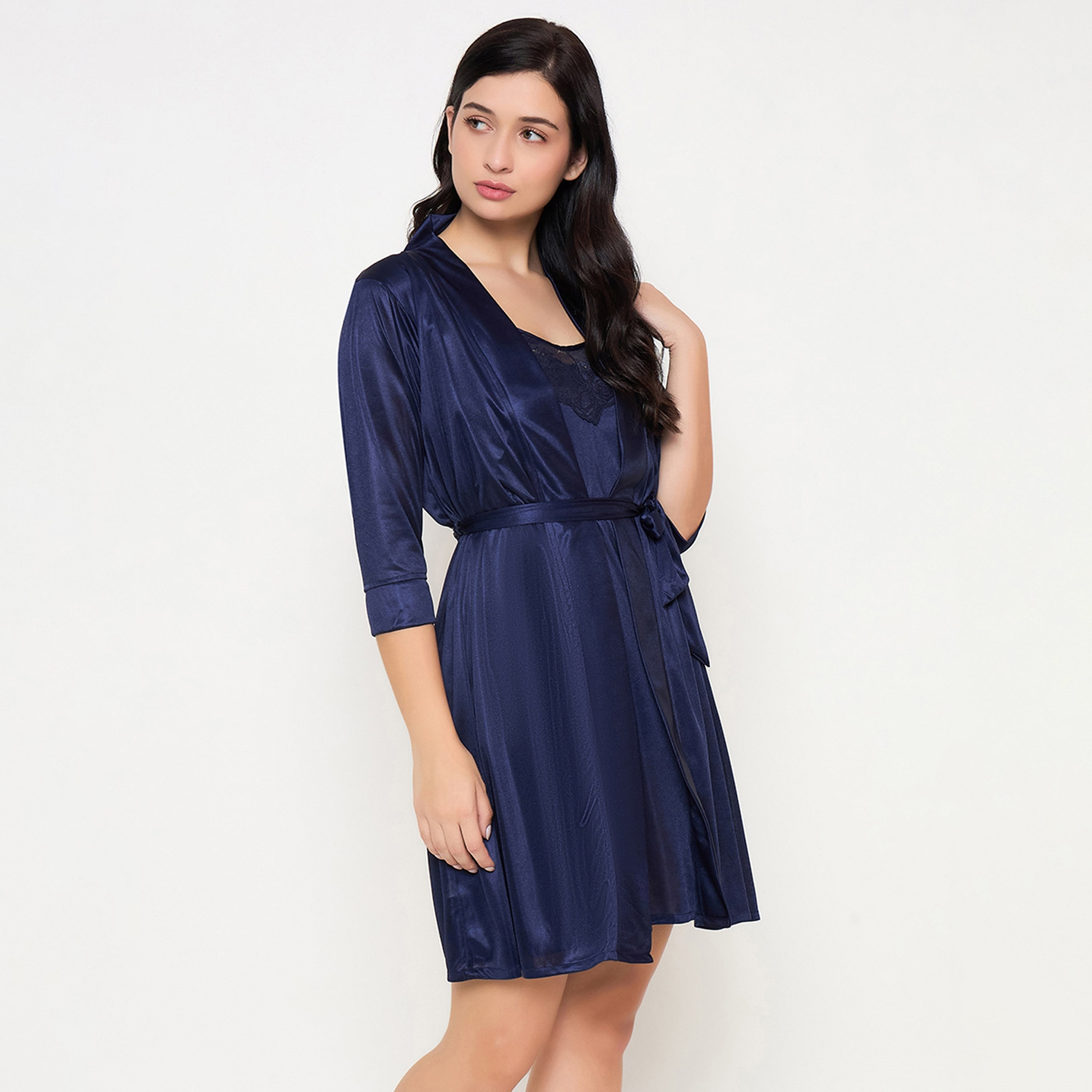 طقم فستان نوم قصير وروب نسائي أساسي أنيق باللون الأزرق الداكن من كلوفيا-women-clothing-nightwear-nighties-image-4