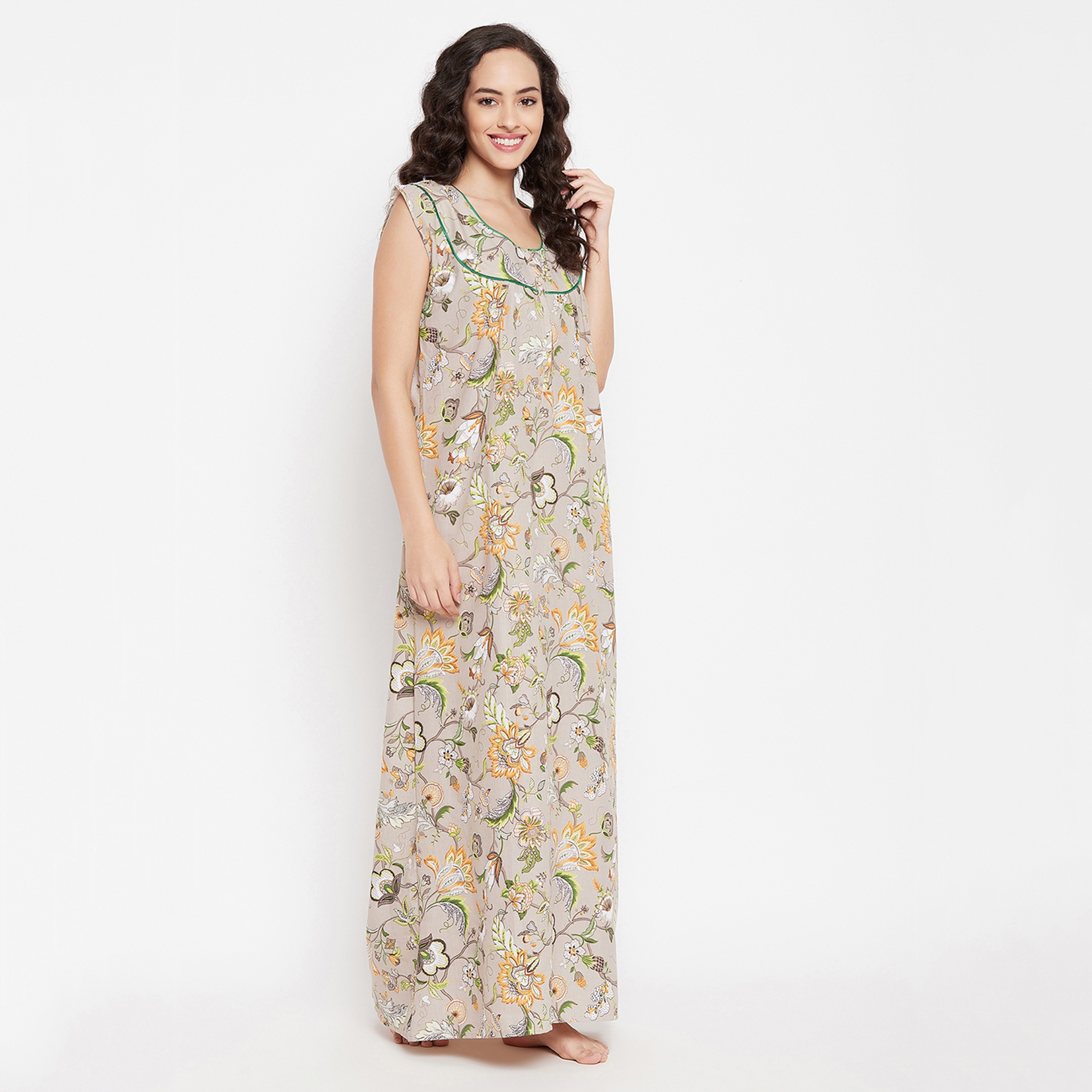 قميص نوم (نايتي) نسائي طويل بطبعة زهور جميلة ولون بيج من كلوفيا - قطن-women-clothing-nightwear-nighties-image-2