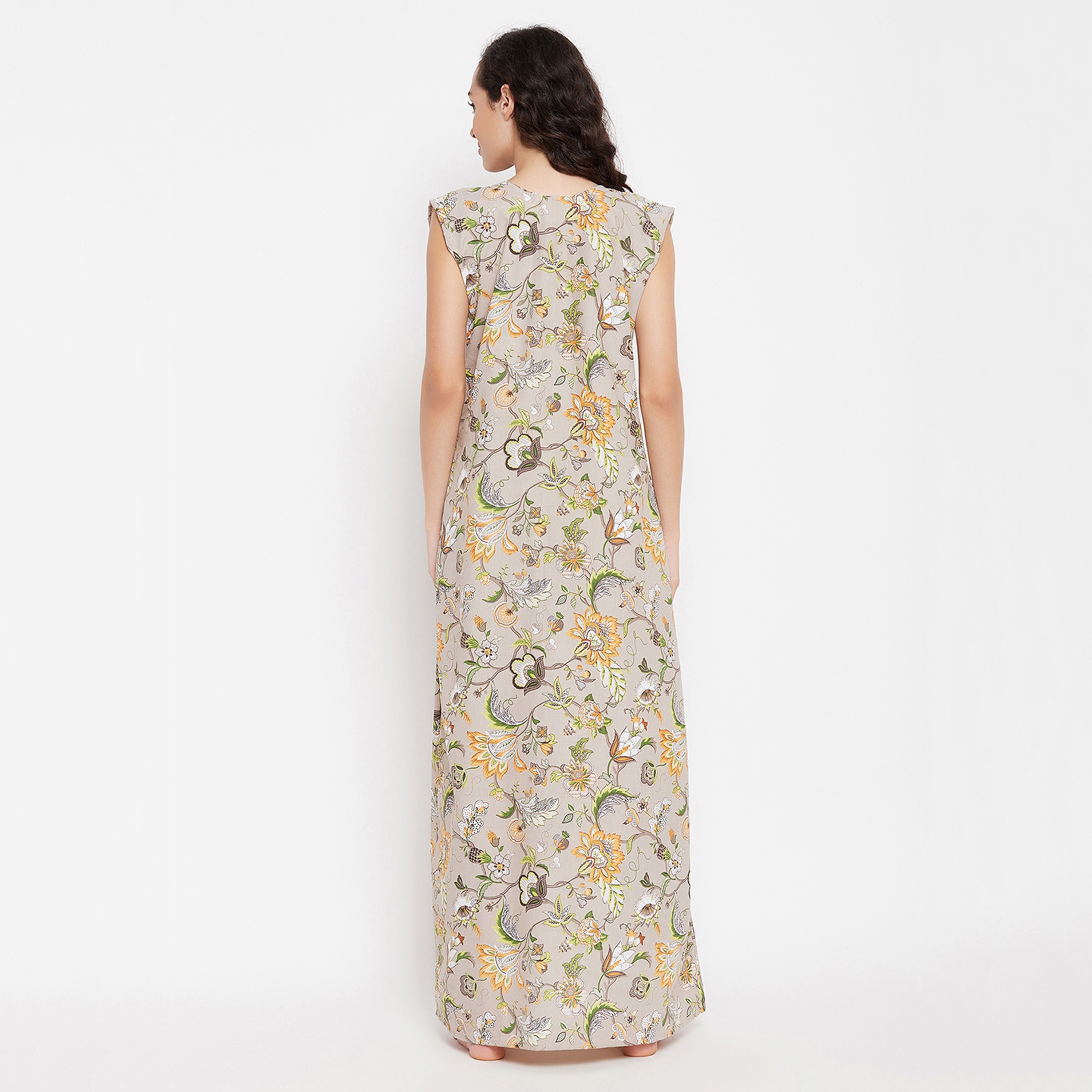قميص نوم (نايتي) نسائي طويل بطبعة زهور جميلة ولون بيج من كلوفيا - قطن-women-clothing-nightwear-nighties-image-4