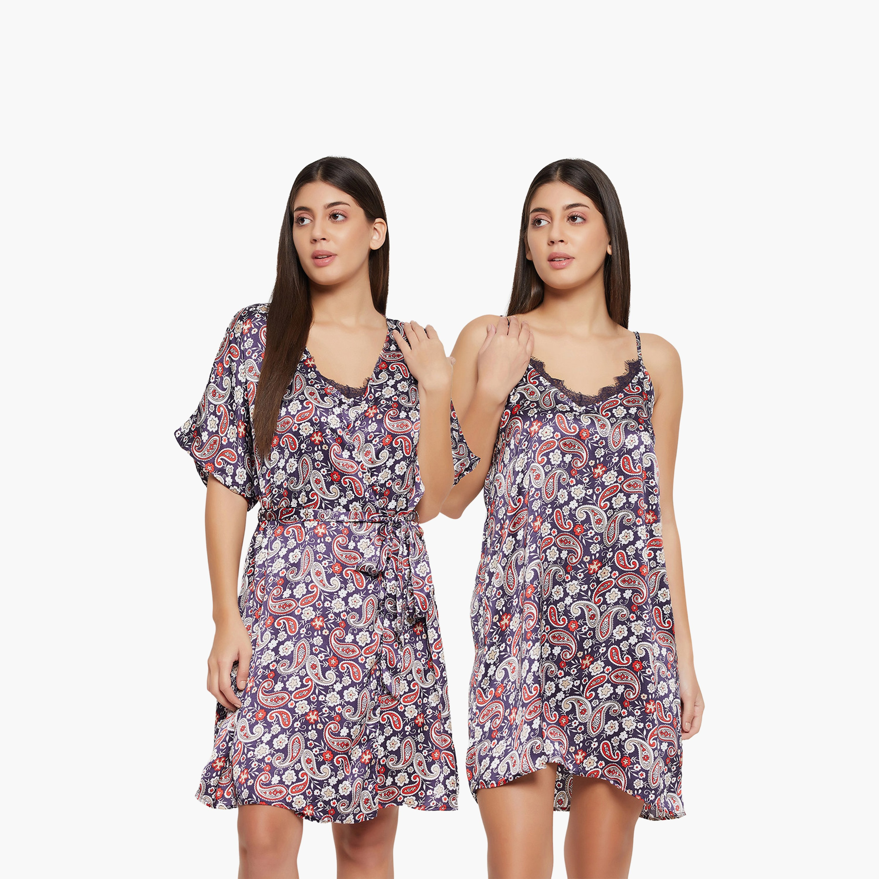 طقم نسائي مكون من قطعتين: قميص نوم قصير وروب بطبعة بيزلي باللون الكحلي - ساتان من كلوفيا-women-clothing-nightwear-nighties-image-1