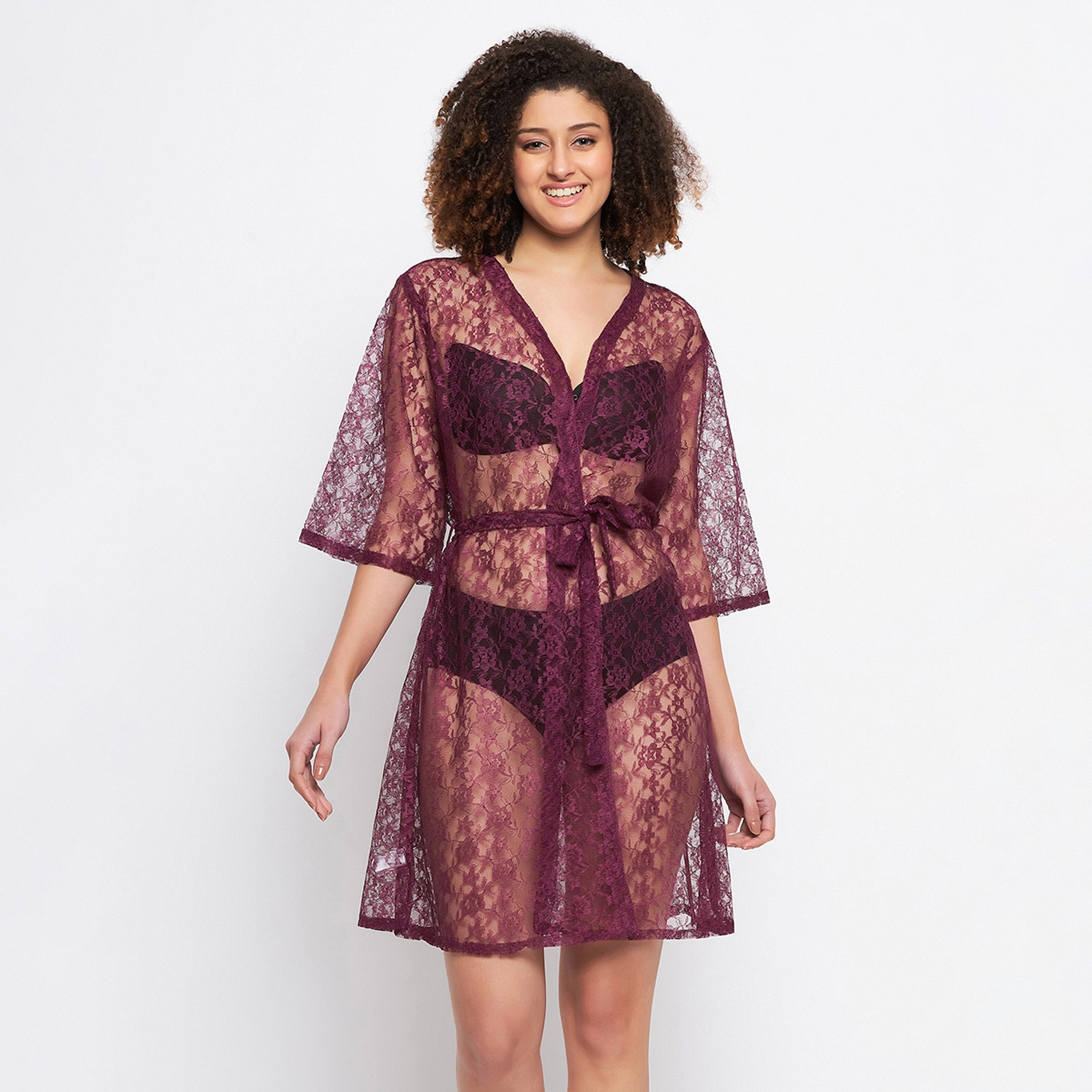 Clovia Chic Basic Sheer Women's Robe in Wine - Lace-women-clothing-nightwear-robes-image-1