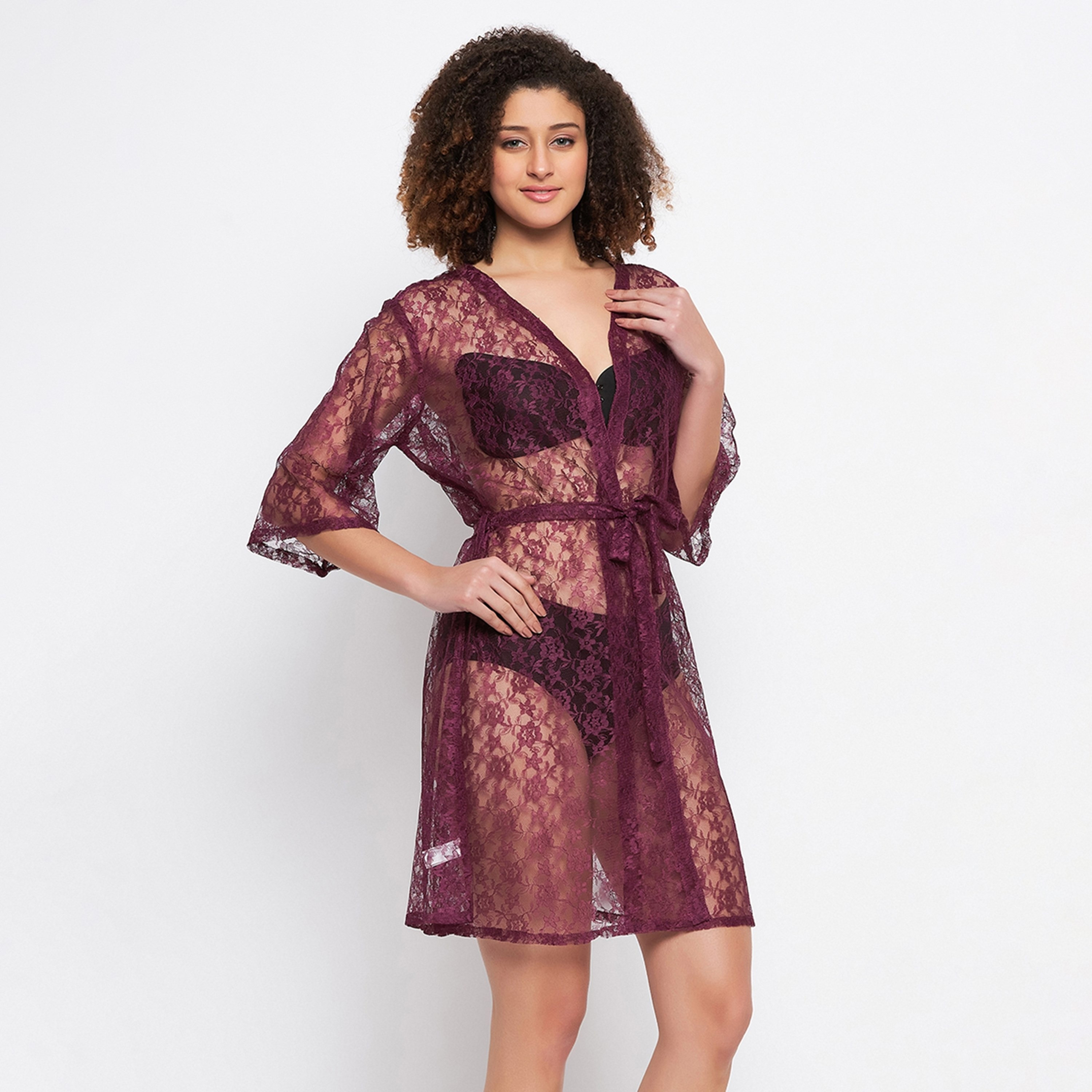 Clovia Chic Basic Sheer Women's Robe in Wine - Lace-women-clothing-nightwear-robes-image-3