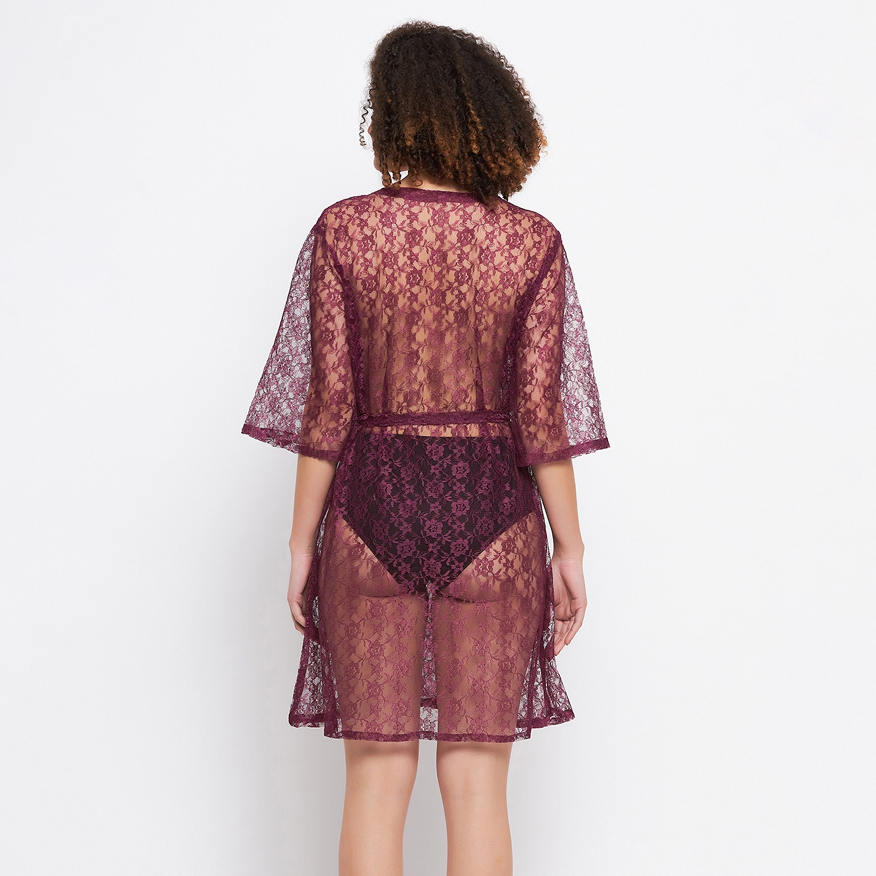 Clovia Chic Basic Sheer Women's Robe in Wine - Lace-women-clothing-nightwear-robes-image-4