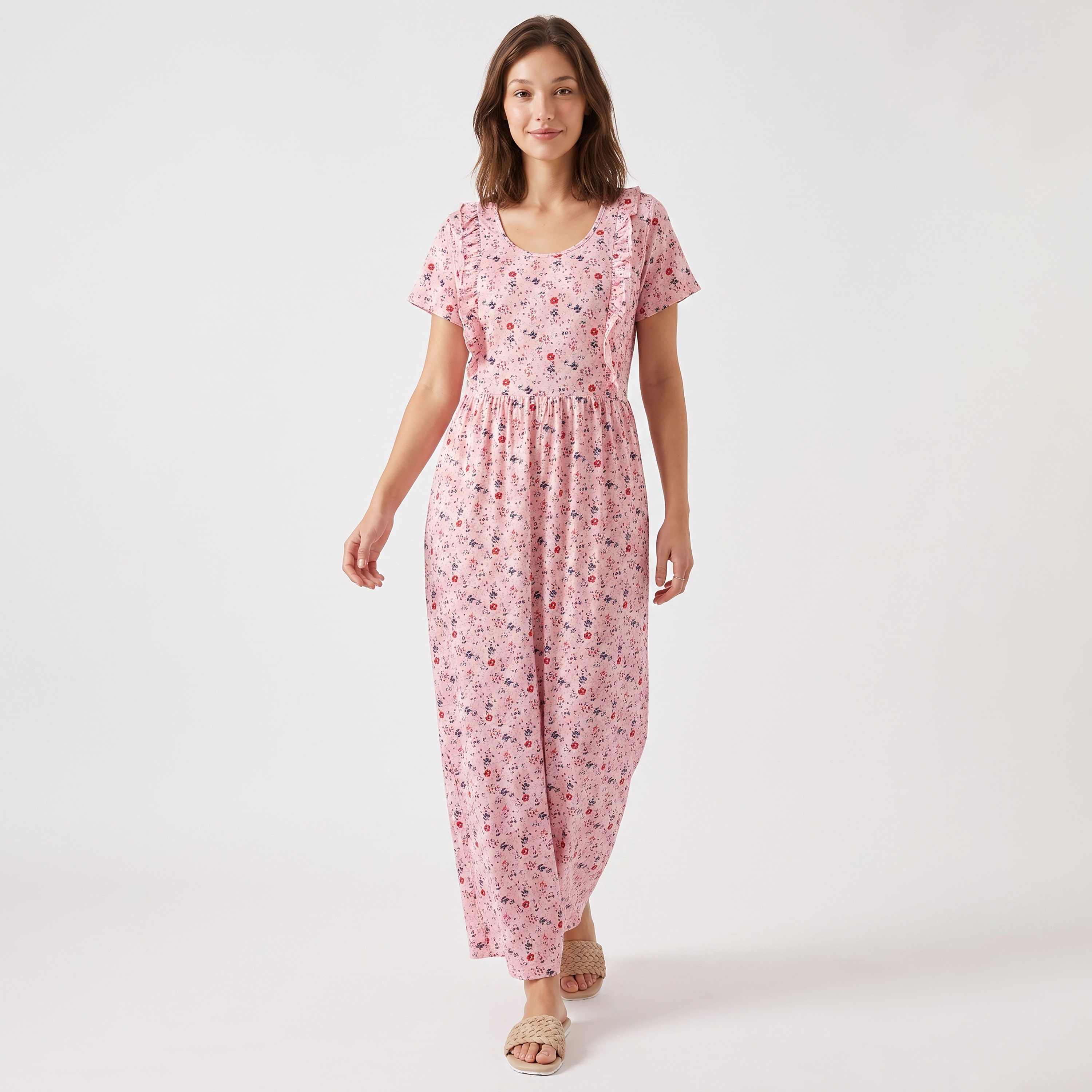 Clovia Floral Print Feeding Long Women's Nighty in Baby Pink - 100% Cotton-women-clothing-nightwear-nighties-image-1