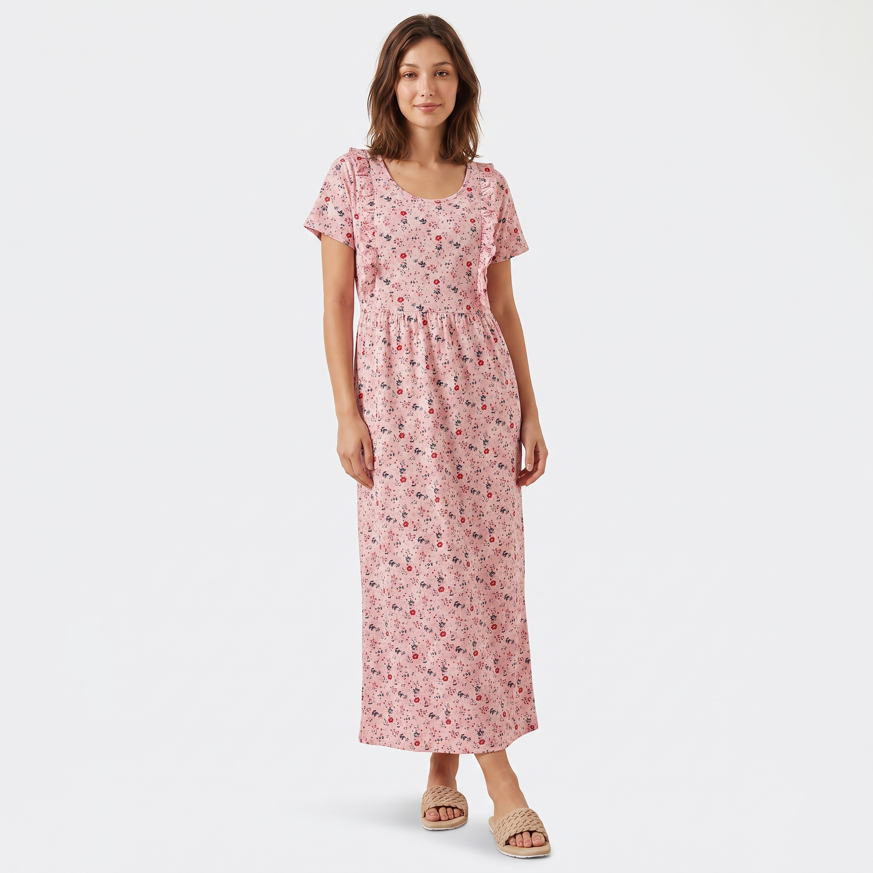 Clovia Floral Print Feeding Long Women's Nighty in Baby Pink - 100% Cotton-women-clothing-nightwear-nighties-image-2