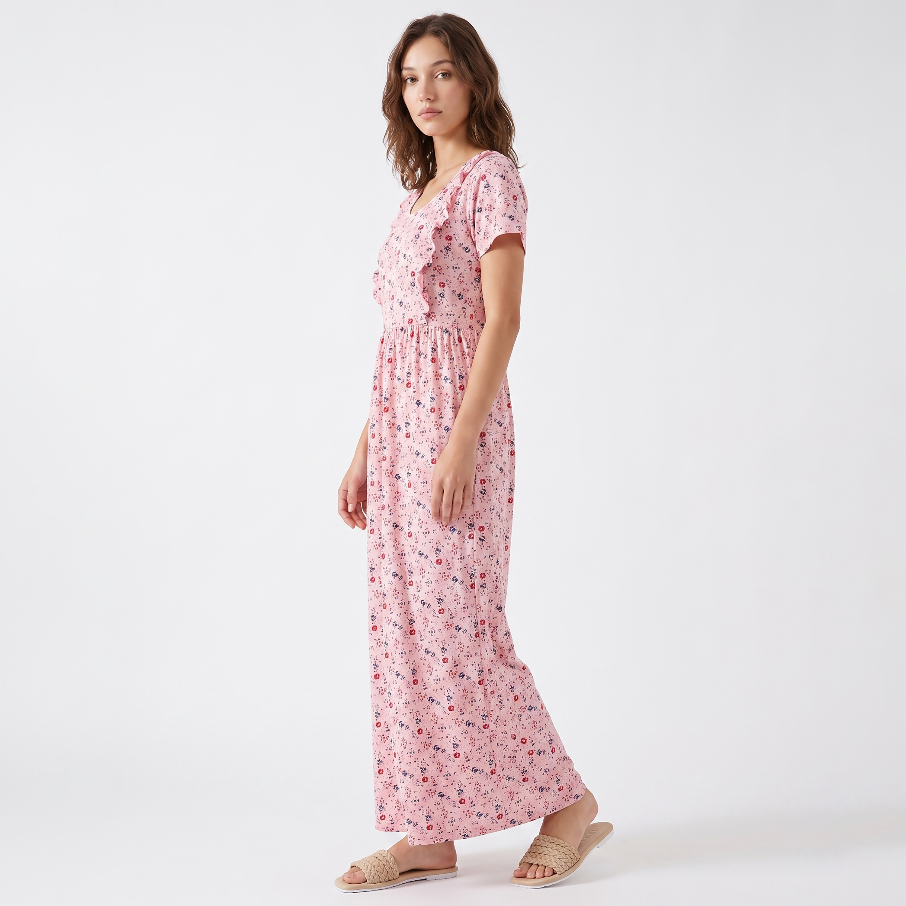 Clovia Floral Print Feeding Long Women's Nighty in Baby Pink - 100% Cotton-women-clothing-nightwear-nighties-image-3